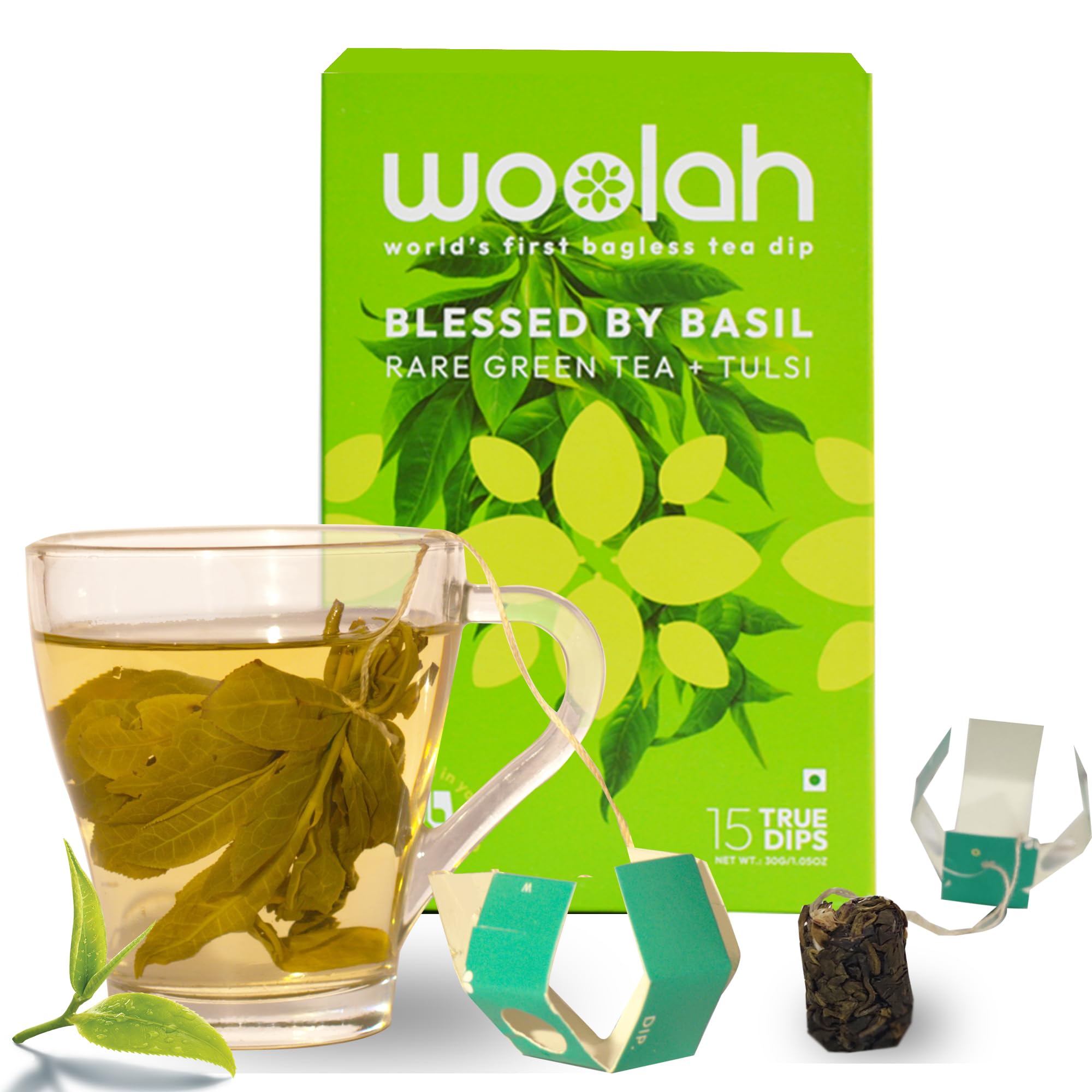 Woolah Rare Assam Green Tea with Tulsi, Organically Grown BAGLESS Tea Dip (15 Dips / 30 Cups) 100% PLASTIC FREE, Natural Whole Leaf, High EGCG anti-oxidants supports WEIGHT MANAGEMENT & Improves Skin.-image-2