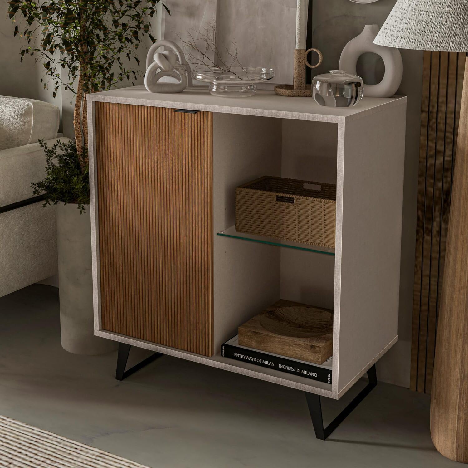 HomeStock Farmhouse Fresh Sideboard, Storage Cabinet with Soft Close Doors, Dining Room, Console Table, Credenza, Accent Cabinet, 36 X 36 X 18 Inches with Sturdy Metal Legs 1 Door/Cotton and Wood