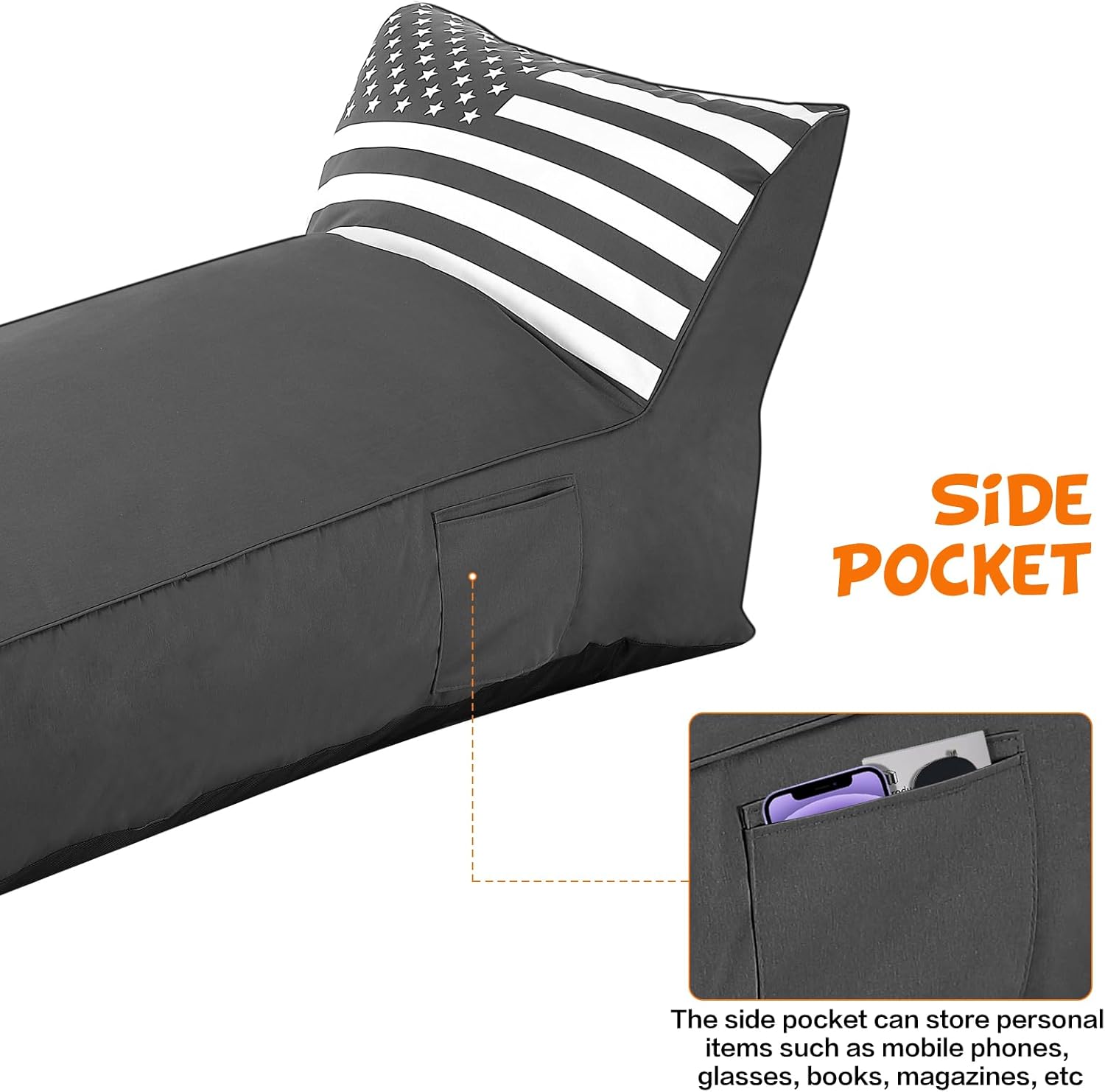 Outdoor Chaise Lounge Chair, Sunbed UV Resistant American Flag Sofa Couch Patio Waterproof Outside Sunlounge Reclining Sunbathing Bed Comfy Single Chaise Daybed for Garden, Pool, Beach, Dark Gray