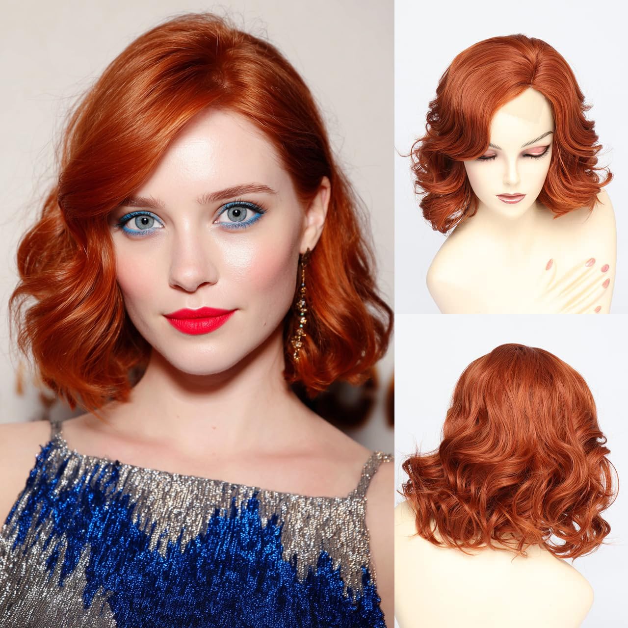 Short Lace Copper Red Wavy Wigs for Women Layered Natural Synthetic Curly hair Wigs Side Part Wig?14inch?