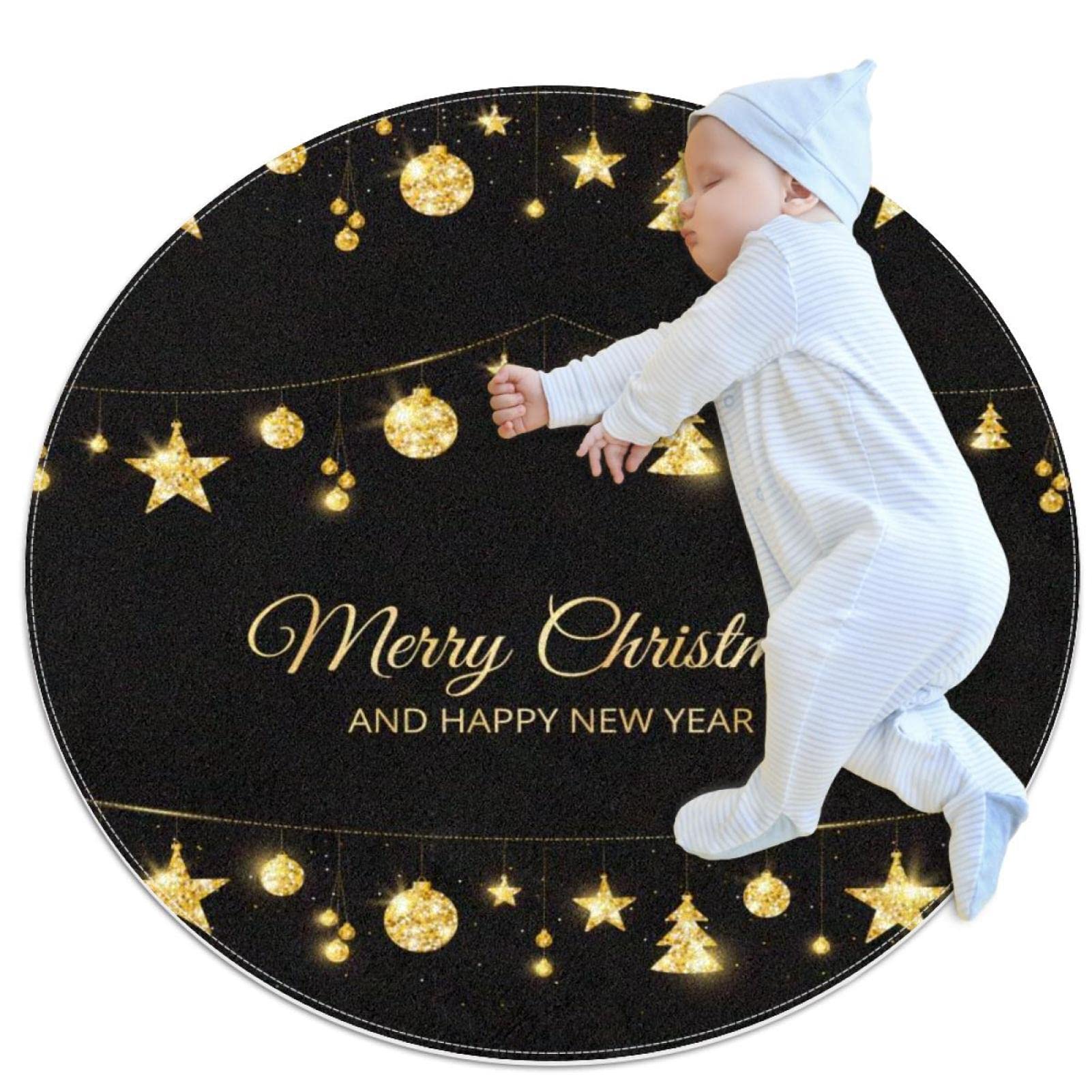 Tapis de salle de bain de Noël rond 1m avec sapins et étoiles dorées