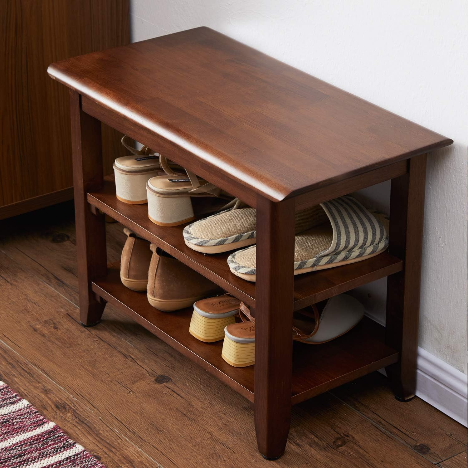 Solid Wood Shoe Rack Bench | 3 Tier Shoe Storage Organizer for Entryway, Hallway & Living Room | Multipurpose Wooden Shoe Stand | Space Saving Footwear Rack for Home | Walnut Finish (60 CM)-image-20