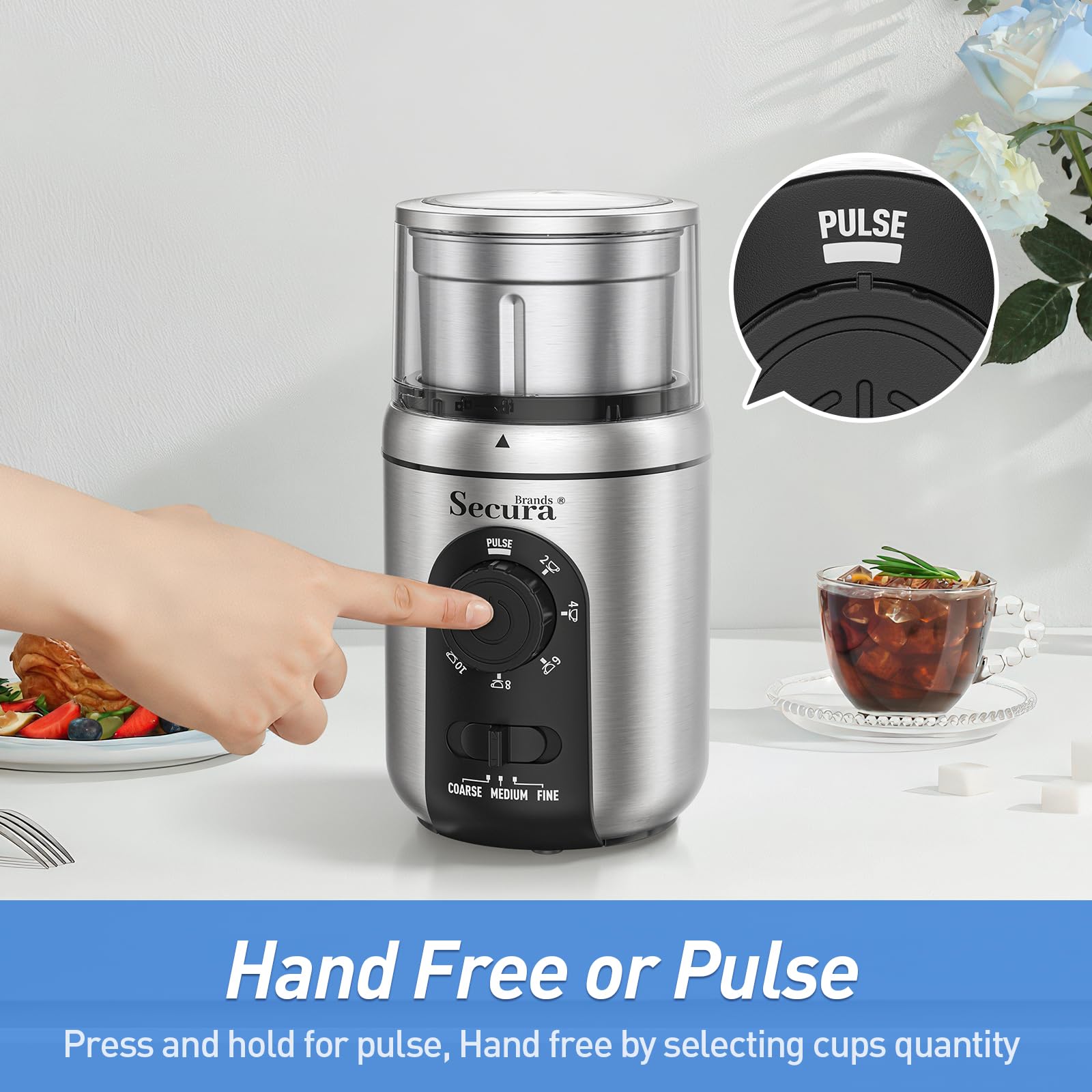 Secura Brands Electric Coffee Grinder for Coffee Beans, Spices, Herbs Adjustable Coarse to Fine Setting for 12 Cup Capacity with 1 Removable Stainless Steel Bowl, Ideal for Home Use, RV — view 4
