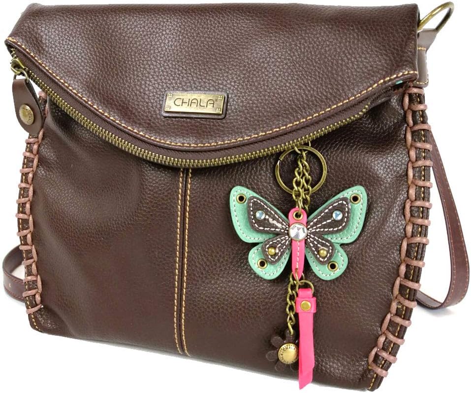 Chala Charming Crossbody Bag with Zipper Flap Top- Dark Brown (Mini Teal Butterfly)