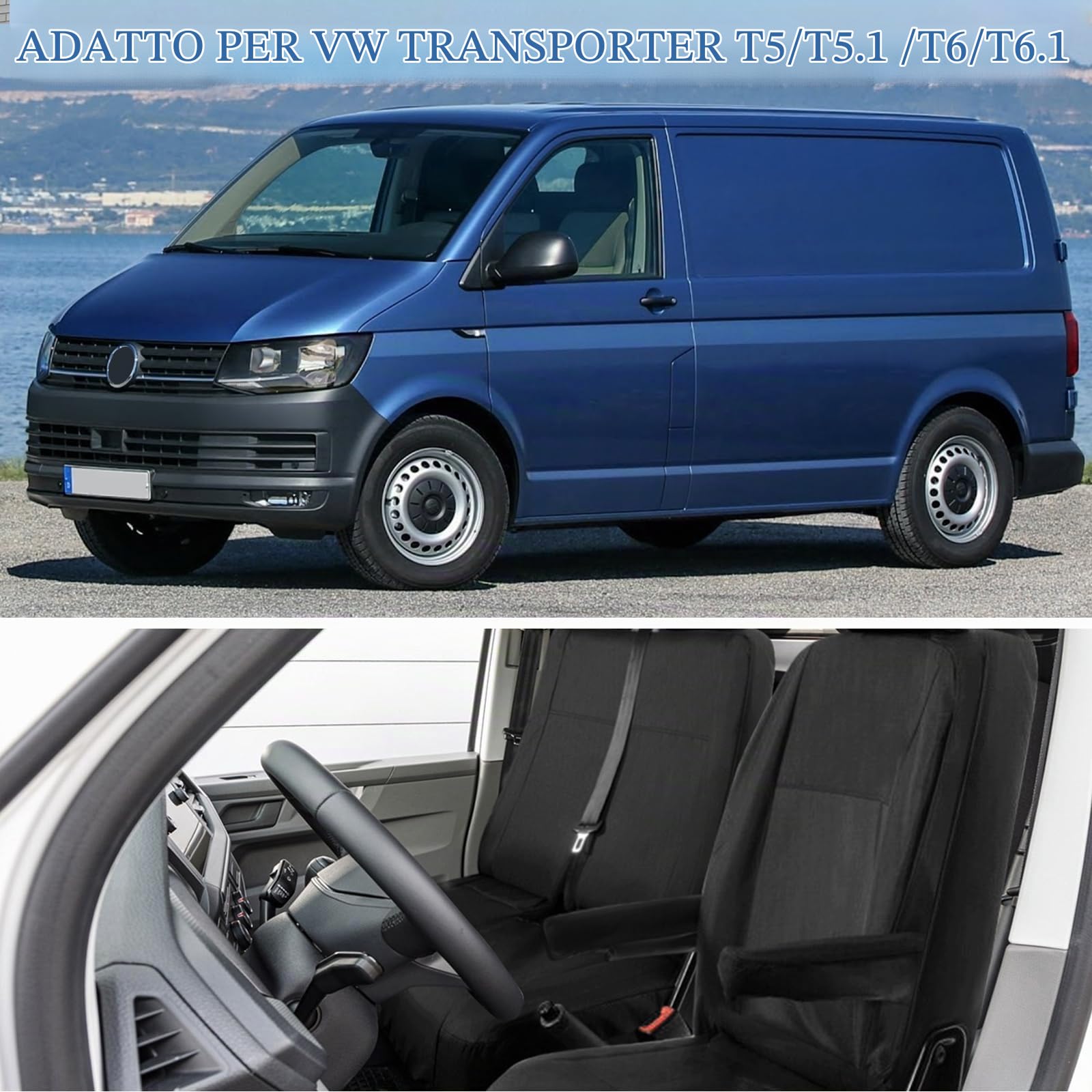 6 Pezzi Coprisedili Auto Personalizzato per VW Transporter T5 T6 2015-2022, 3 Sedili Neri Coprisedili Impermeabili Protezione per Sedili Auto, Set Copri-sedile per Anteriori e Posteriori
