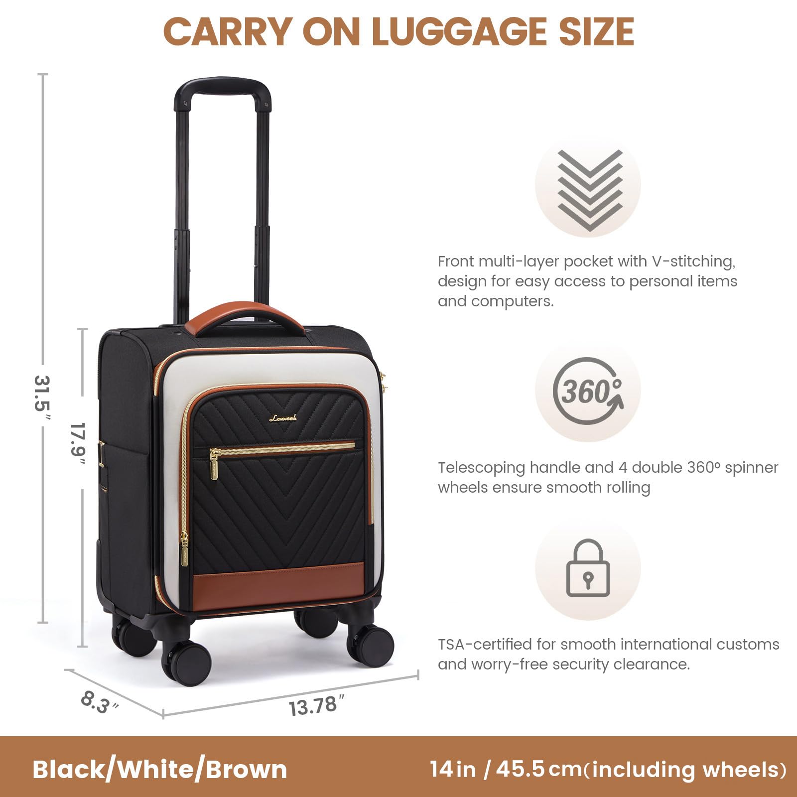 LOVEVOOK Bagaglio a mano 22 x 14 x 9 approvato dalla compagnia aerea, valigie morbide con ruote da 53,3 cm, leggera valigia con chiusura TSA, Nero/Bianco/Marrone, 16 inch-underseat, Valigie Con Ruote