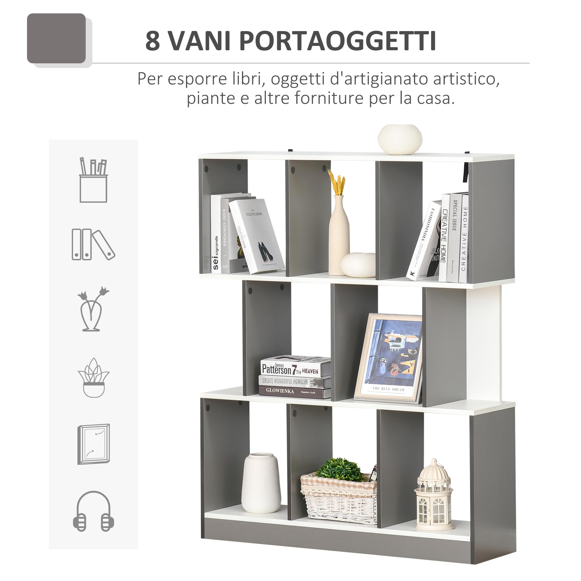 HOMCOM Mobile Libreria a 8 Ripiani 100x27x124 cm Grigio Scuro | per Soggiorno e Camera da Letto, Libreria Scaffale Moderna, in Truciolato