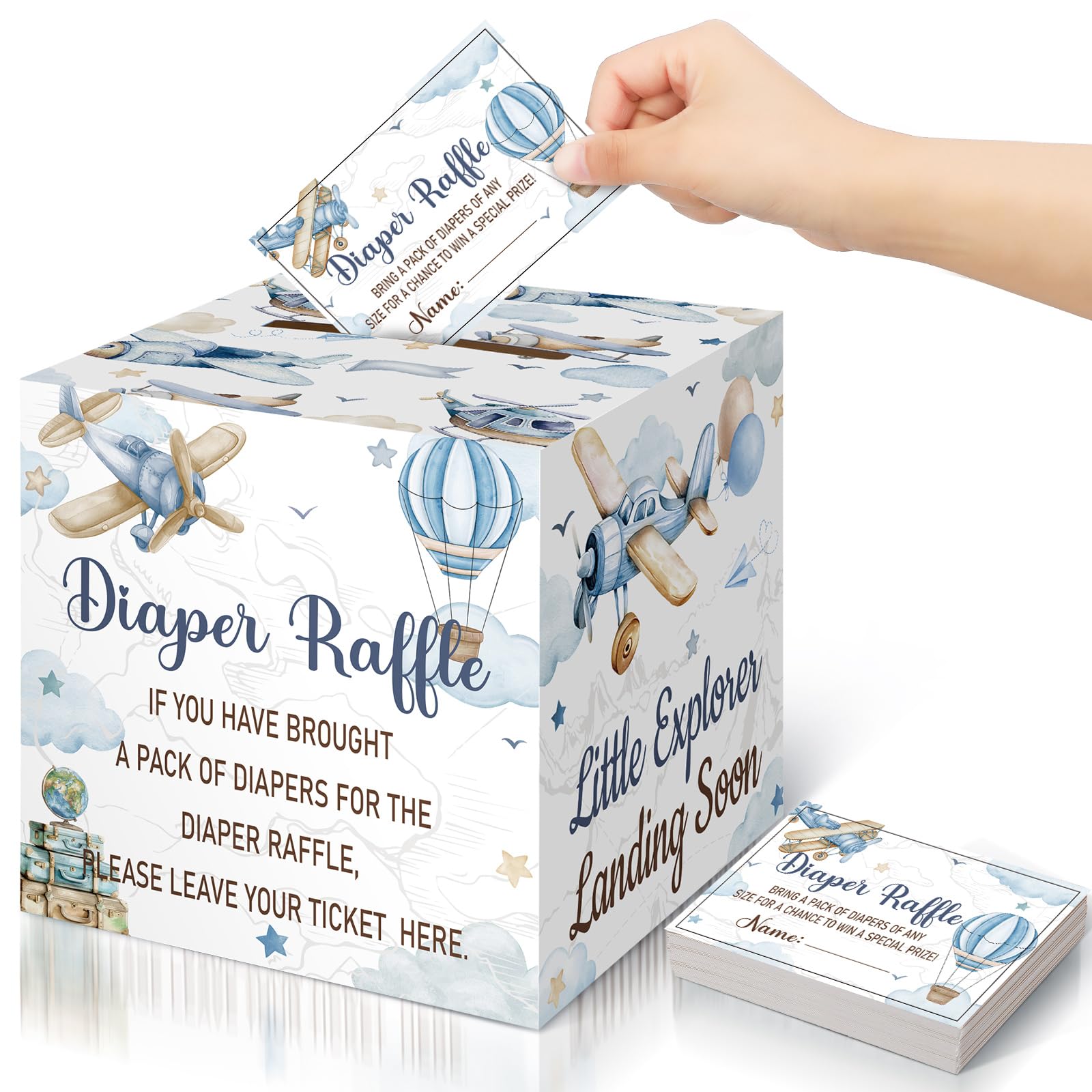 Teling 51 Pieces Diaper Raffle Tickets with Card Box,Airplane Style