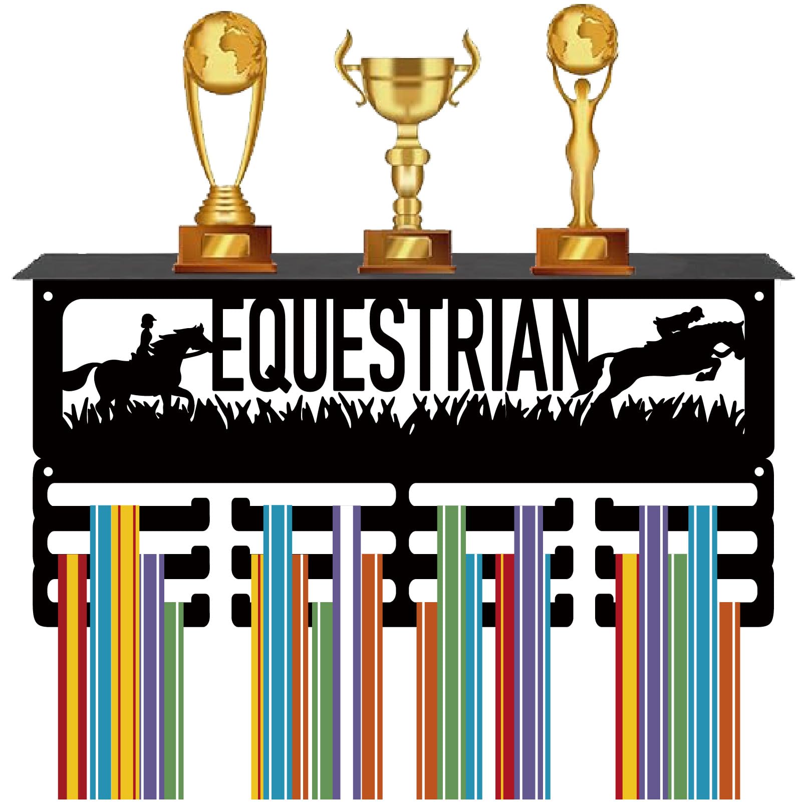 CREATCABIN Espositore Medaglie Equestri Espositore Trofei 12 Gancio Porta Medaglie in Metallo Cavallo Equitazione Montaggio A Parete Contiene 60+ medaglie Sportive Organizer Ripiano Premi 40x20x10cm