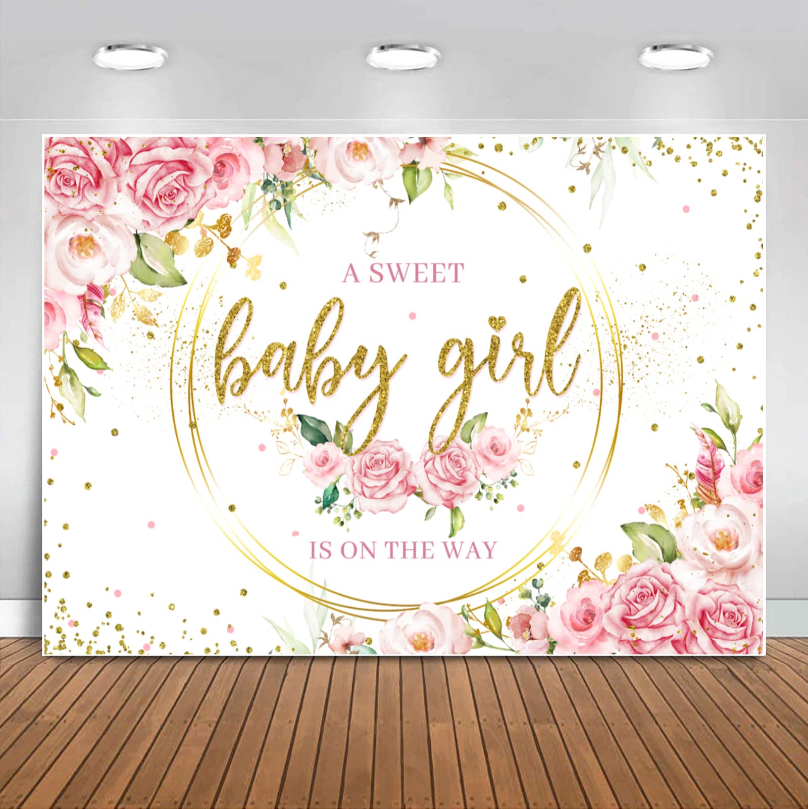 Sensfun Glitter Gold Baby Girl Backdrop Pink Floral Baby Photography Background Watercolor Flower Sweet Baby Girls Party Decorations Banner Photo