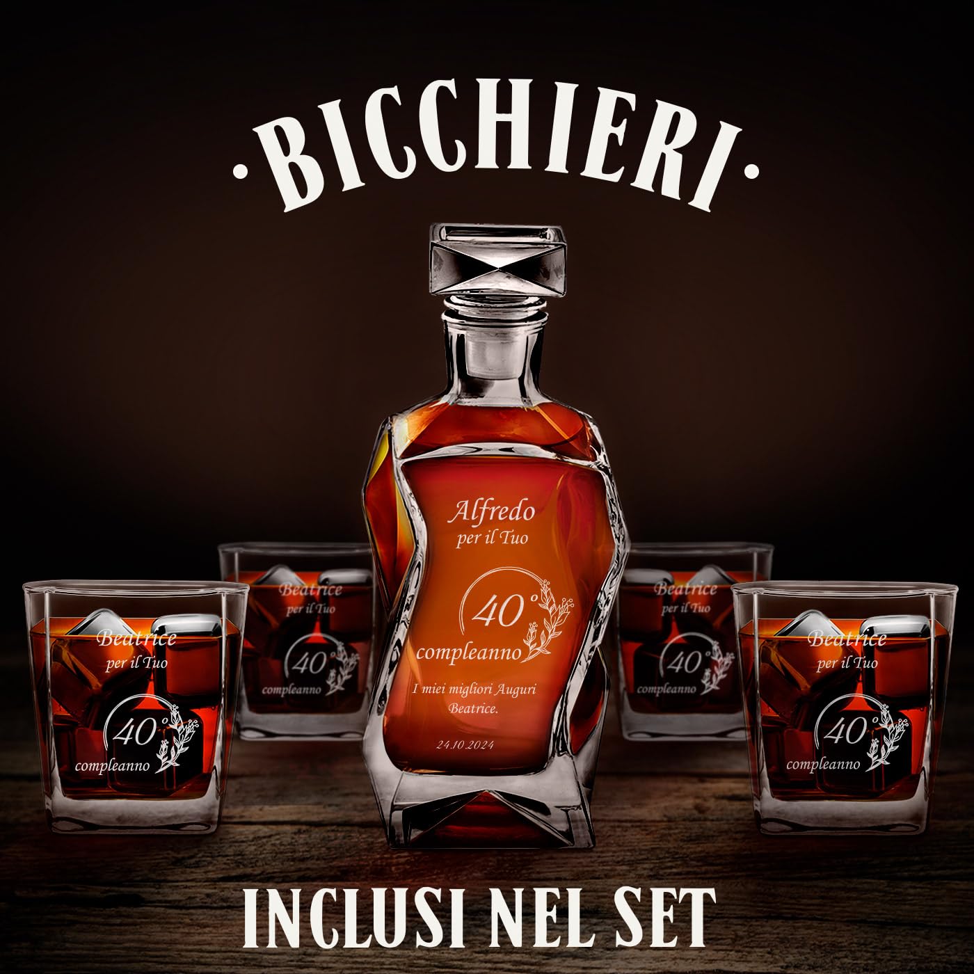 Maverton Set Decanter per Whisky in vetro - da 700 ml - incisione personalizzata - Caraffa con 4/6 bicchieri - idea regalo per il compleanno - per l’ uomo - regalo di Natale - Dei campi