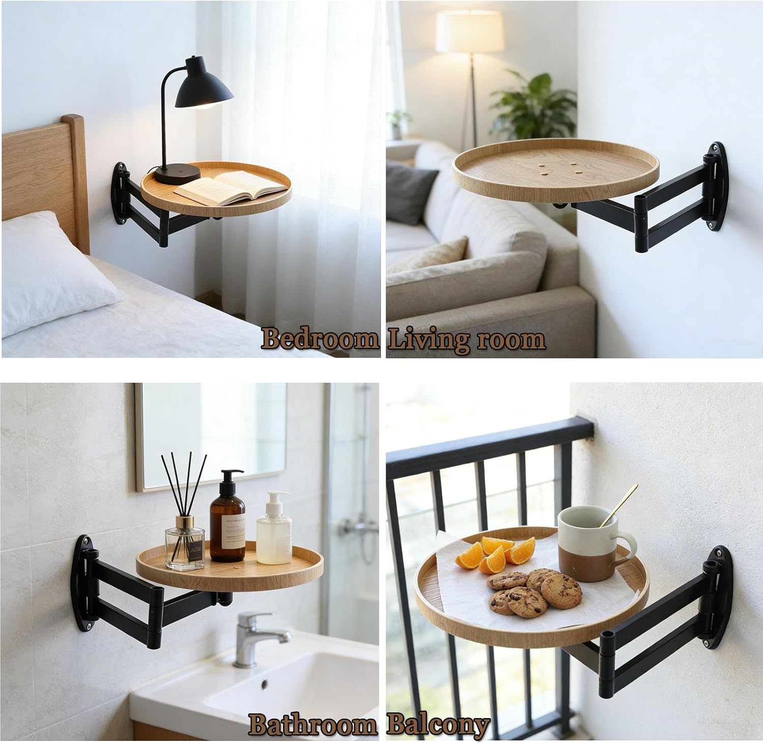 Wall Mounted Folding Table, 11.8" Retractable Adjustable Small Folding Round Desk with Retractable Aluminum Alloy Brackets for Bedroom Bathroom Balcony Living Room Saving (Oak Color)