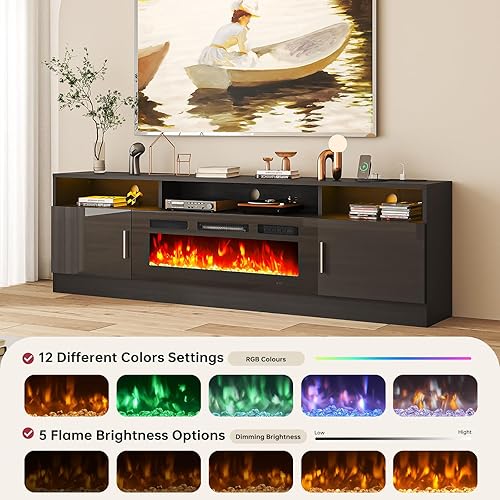 Miniatura 9 de oneinmil Soporte de TV con chimenea de 70 pulgadas con toma de corriente para televisores de hasta 80 pulgadas, centro de entretenimiento con Negro