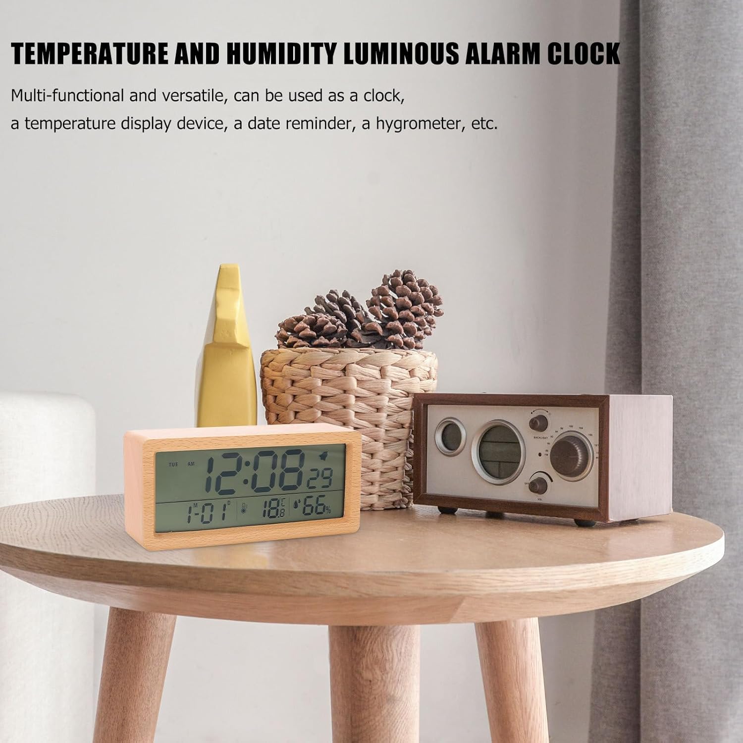 Wooden Multi-Function Alarm Clock with Large Screen, Desktop Electronic Calendar Clock with Temperature and Humidity Display, Night Light for Bedroom and Home Use, Battery Not