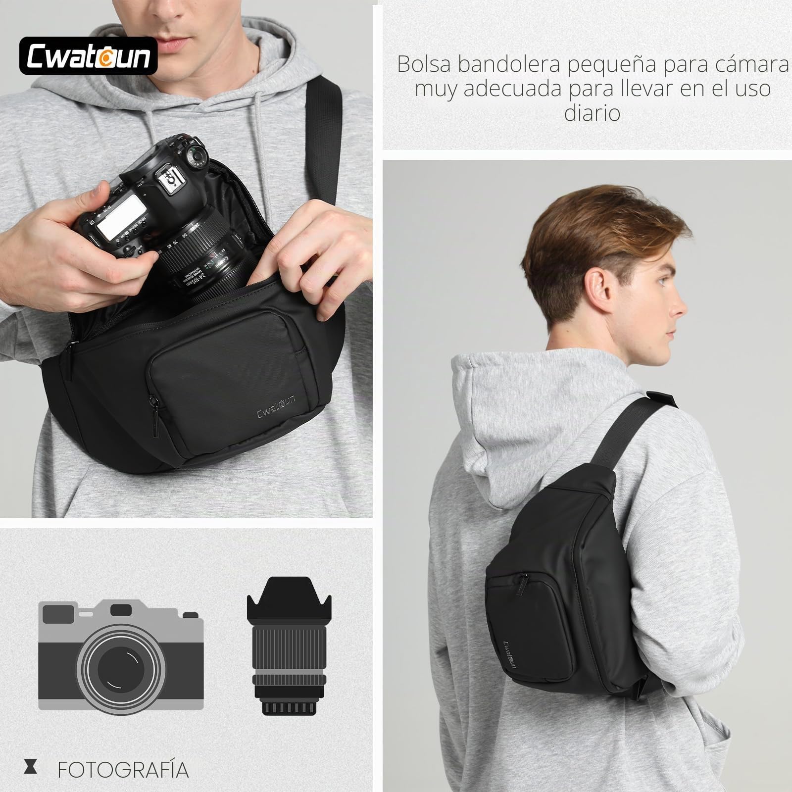 Cwatcun Bolsa para cámara Bolsa Impermeable para cinturón para cámara, Bolsa de Almacenamiento de Transporte Diario Bolsa Cruzada para Canon, Nikon, Sony, Fuji DSLR/SLR/cámara sin Espejo,Negro,S