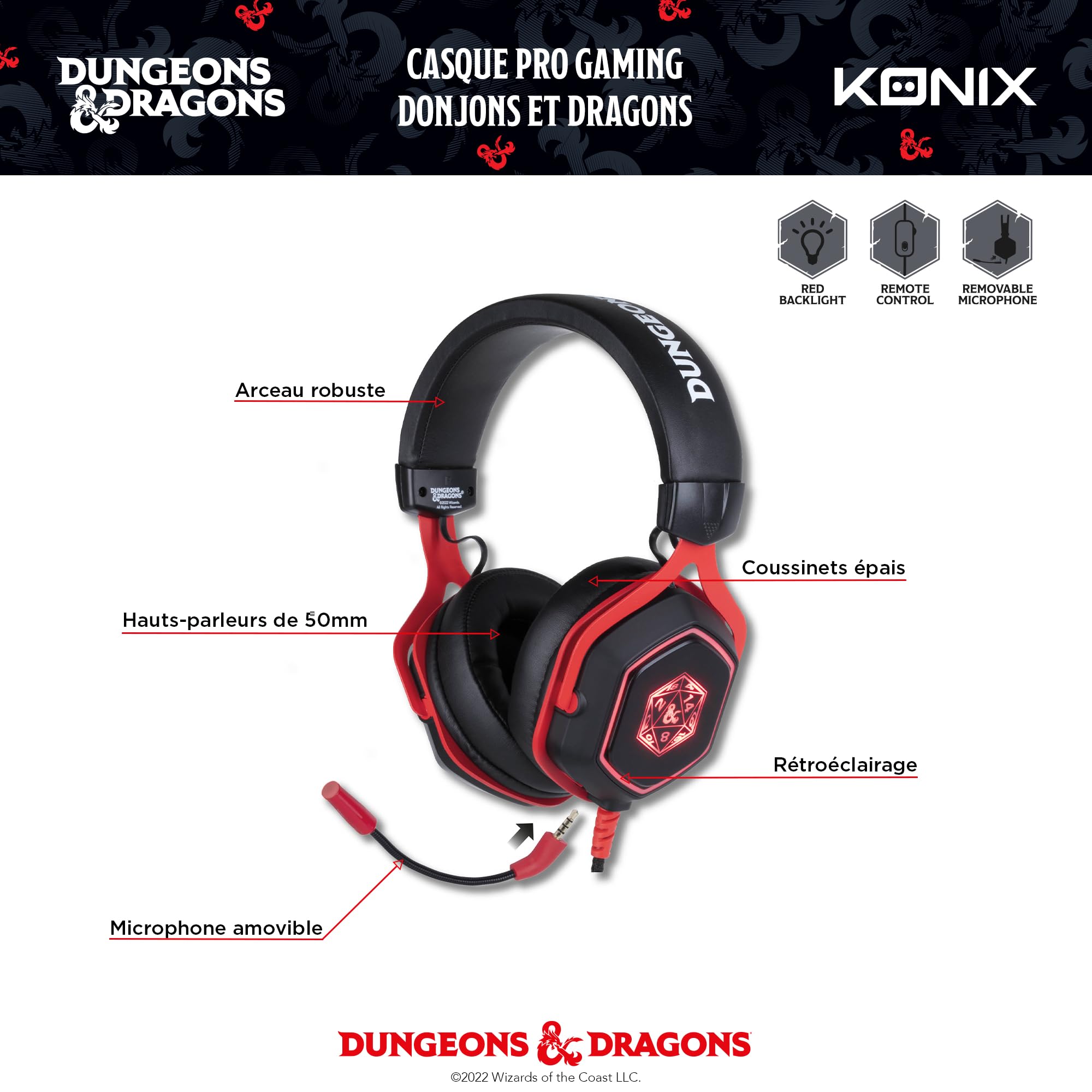 Konix Dungeons & Dragons Auriculares Gaming con Cable D20 para PC - Altavoces de 50 mm - Micrófono - Cable USB de 2 m - Retroiluminación - Negro y Rojo