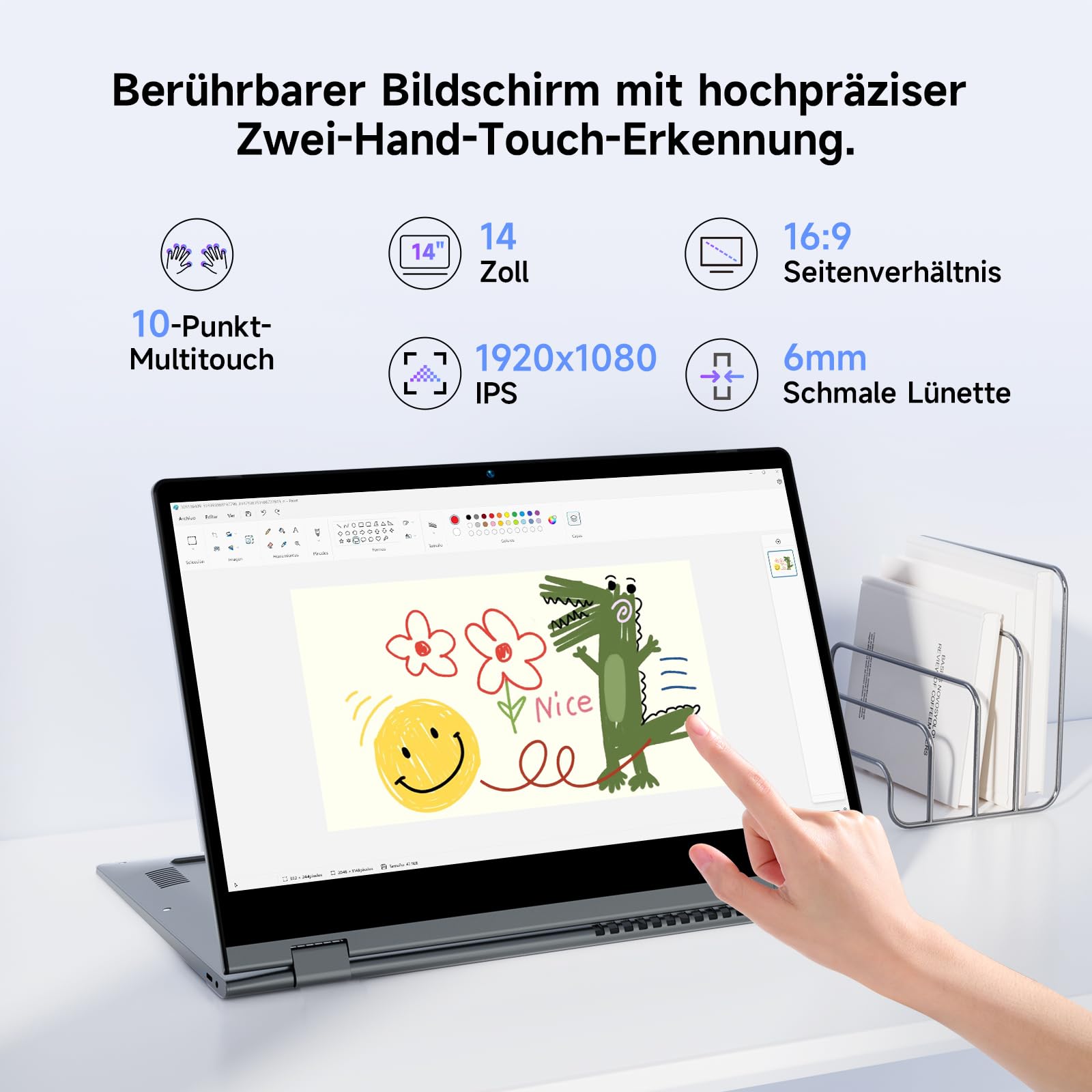 BMAX 2-in-1 Laptop Touchscreen Notebook Intel N150 up to 3.6GHz 16GB RAM 512GB SSD 14" Full HD Convertible Computer Beleuchtete Tastatur USB-C/3.2, Bluetooth, WiFi Deutsche Tastaturschutzfolie