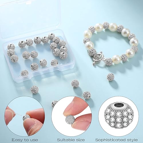 Miniatura 6 de Inbagi 40 cuentas espaciadoras de diamantes de imitación de oro blanco de 0.315 pulgadas (0.315 in), cuentas redondas de circonita cúbica para hacer