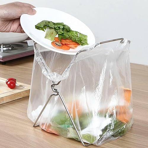 Miniatura 8 de Marco de soporte para bolsa de basura, soporte de bolsa de acero inoxidable plegable de metal para camping, hogar, cocina, encimera, papelera