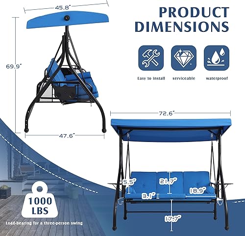 Miniatura 7 de Grepatio Columpio de porche al aire libre con toldo y soporte, columpio de patio para 3 personas para adultos, columpio convertible 2 en 1 con