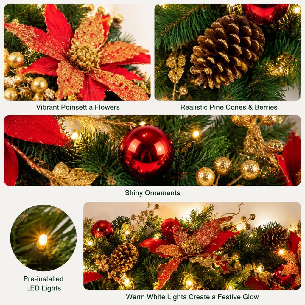 24" Pre-Lit Christmas Teardrop Swag with Lights, Battery Operated Hanging Xmas Door Decoration, Holiday Front Door Garland Swag with Pine Cones, Red Flower & Greenery for Indoor Outdoor Porch Decor