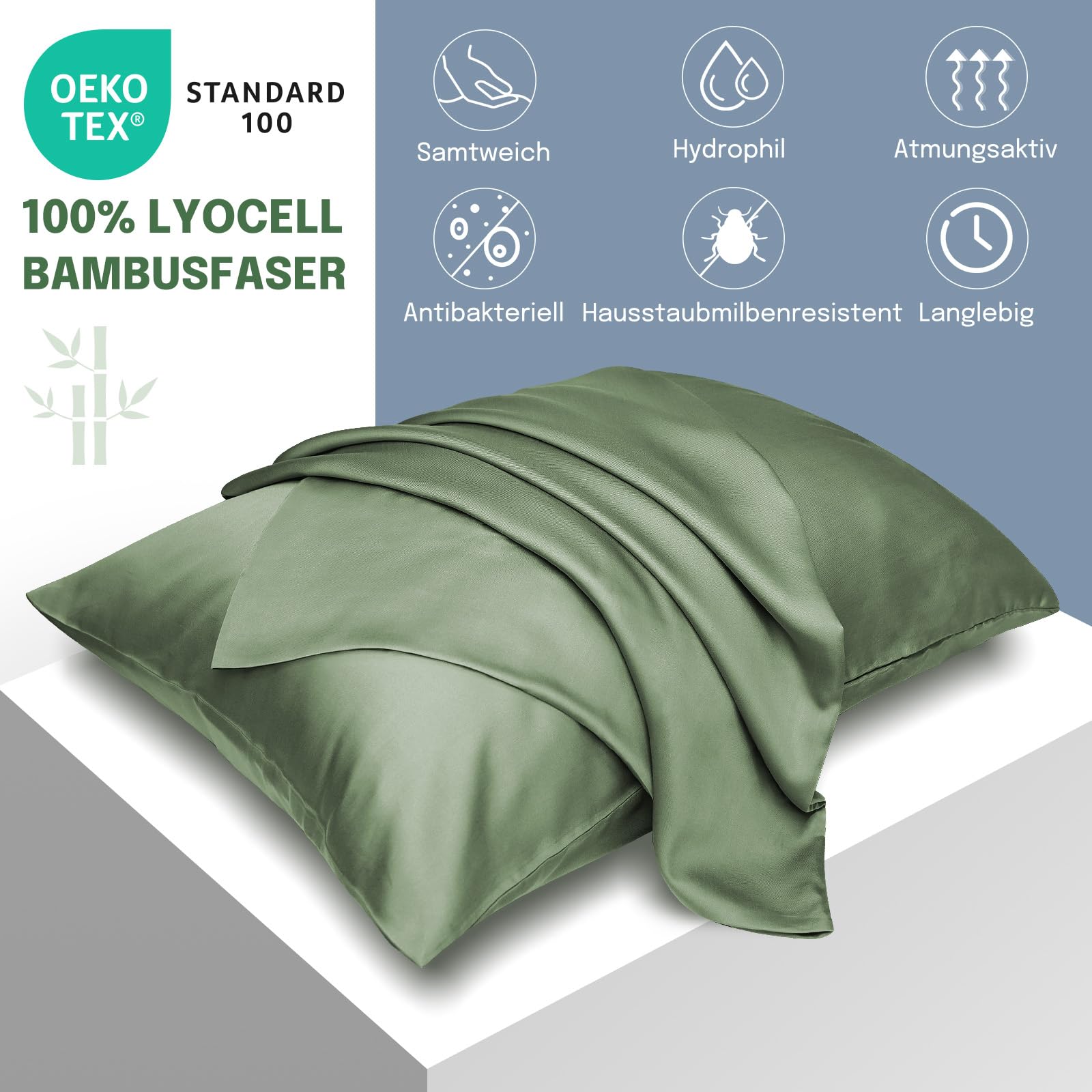 Fittia Lyocell - Set di 2 federe per cuscino in fibra di bambù, morbido, rinfrescante, traspirante, con chiusura lampo nascosta, 50 x 70 cm, colore: Verde bambù