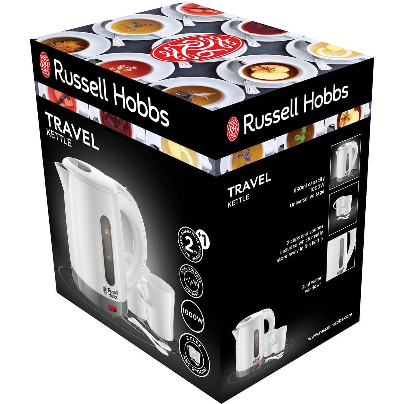 Russell Hobbs czajnik elektryczny, wymienny filtr antywapienny, kontroler otter,podróżny, w zestawie 2 kubki, plastik, pojemność 0,85l, moc 1000W, biały, Travel 23840-70