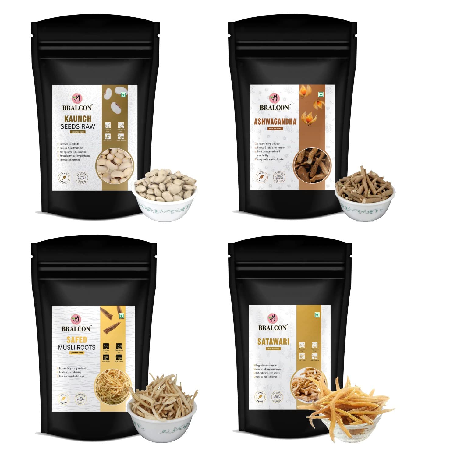 BRALCON Kaunch Seed, Ashwagandha Root, Shatavari Root, Safed Musli Roots Combo - 400g (100g x 4 Pack) |Jadi Buti Sticks for eating Pure raw form in seperate Packaging (B0BDX74NY1) Amazon Price History, Amazon Price Tracker
