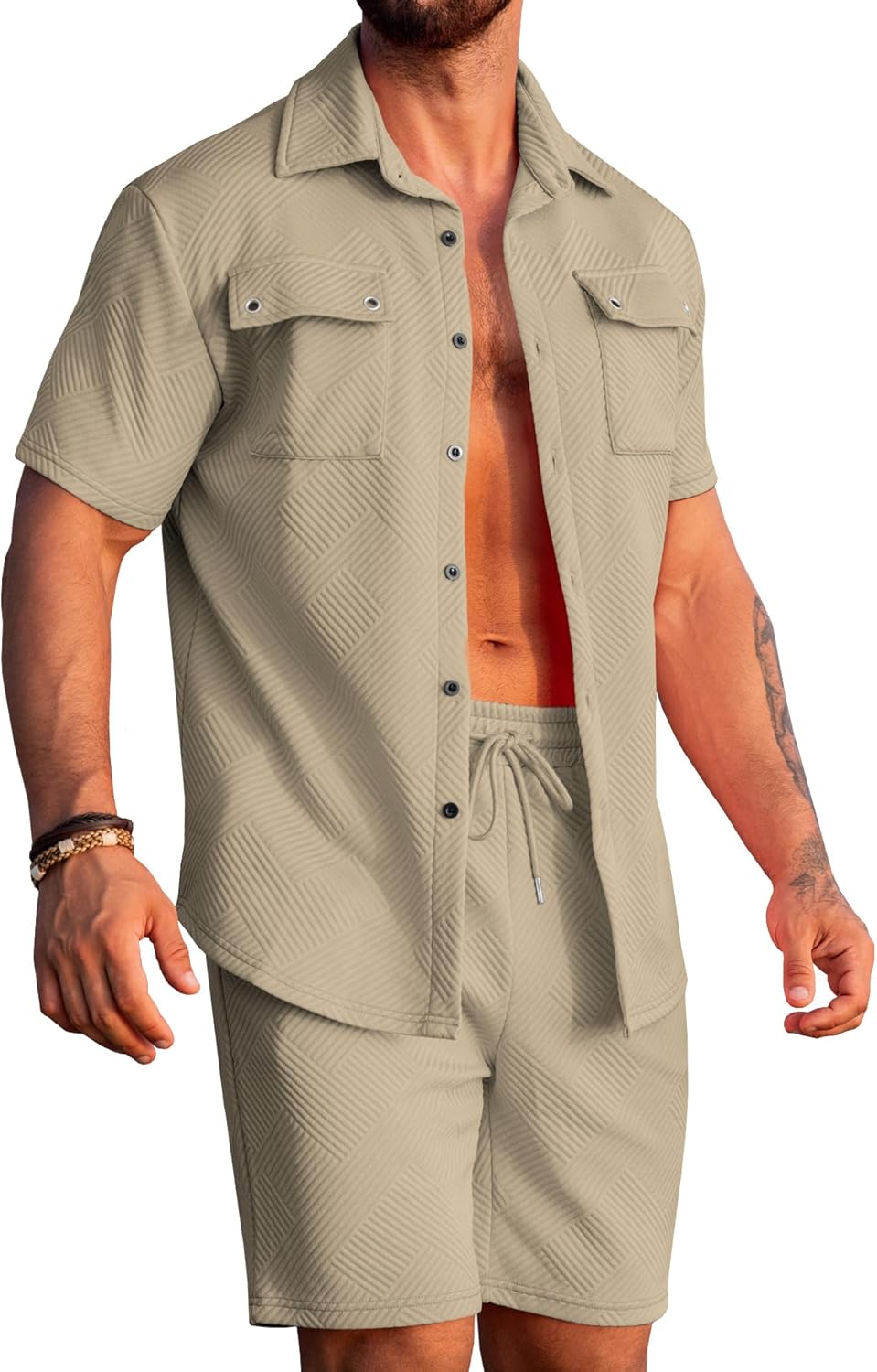 URRU Mens 2 Piece Summer Beach Outfits Textured Short Sets Casual Short Sleeve Button Down Matching Shirt and Shorts Set