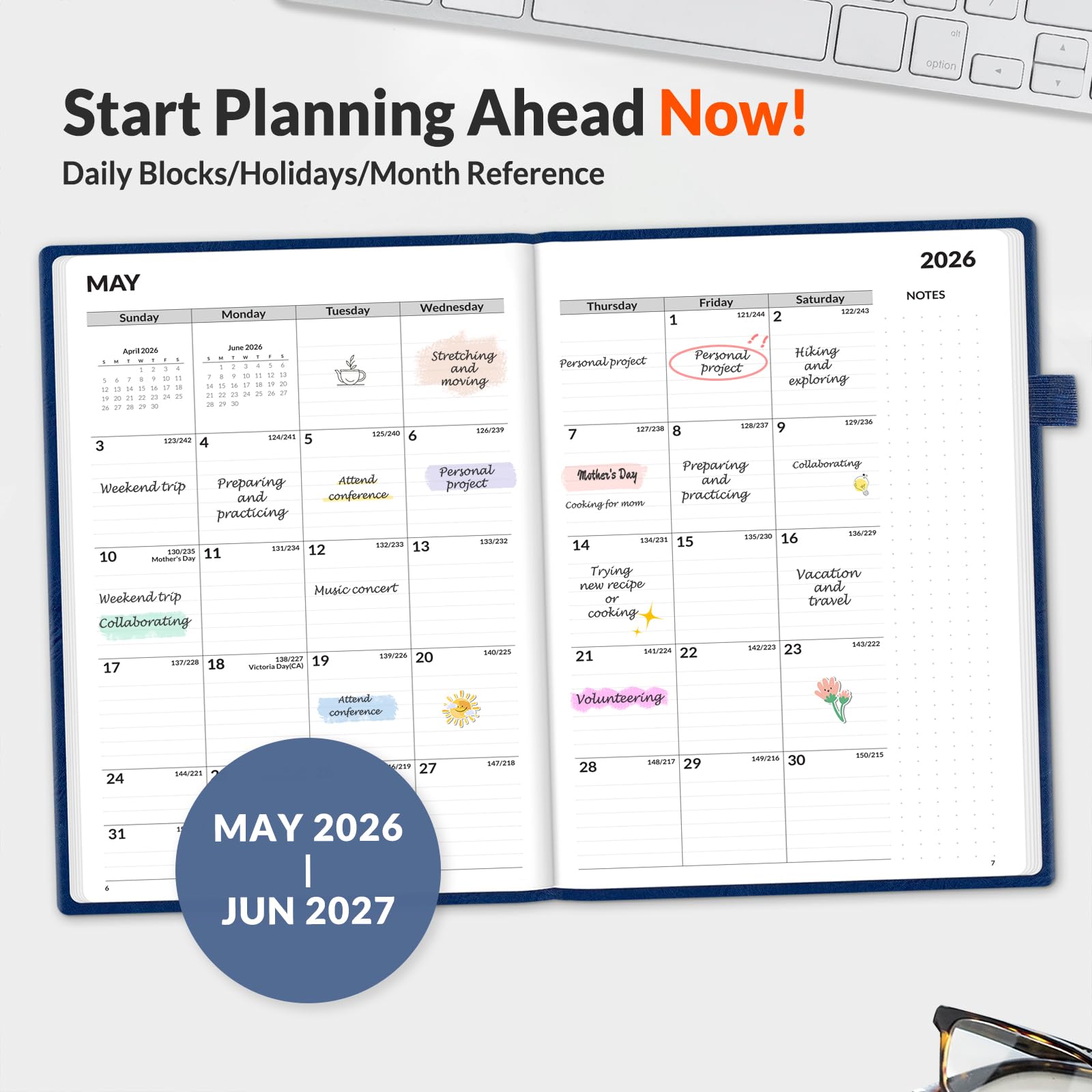 SUNEE Agenda settimanale e mensile 2026-2027, con copertina rigida, 14 x 21,1 cm, 12 mesi (luglio 2026 - giugno 2027), calendario accademico piccolo, tascabile, appunti, carta da 100 g/m², blu scuro