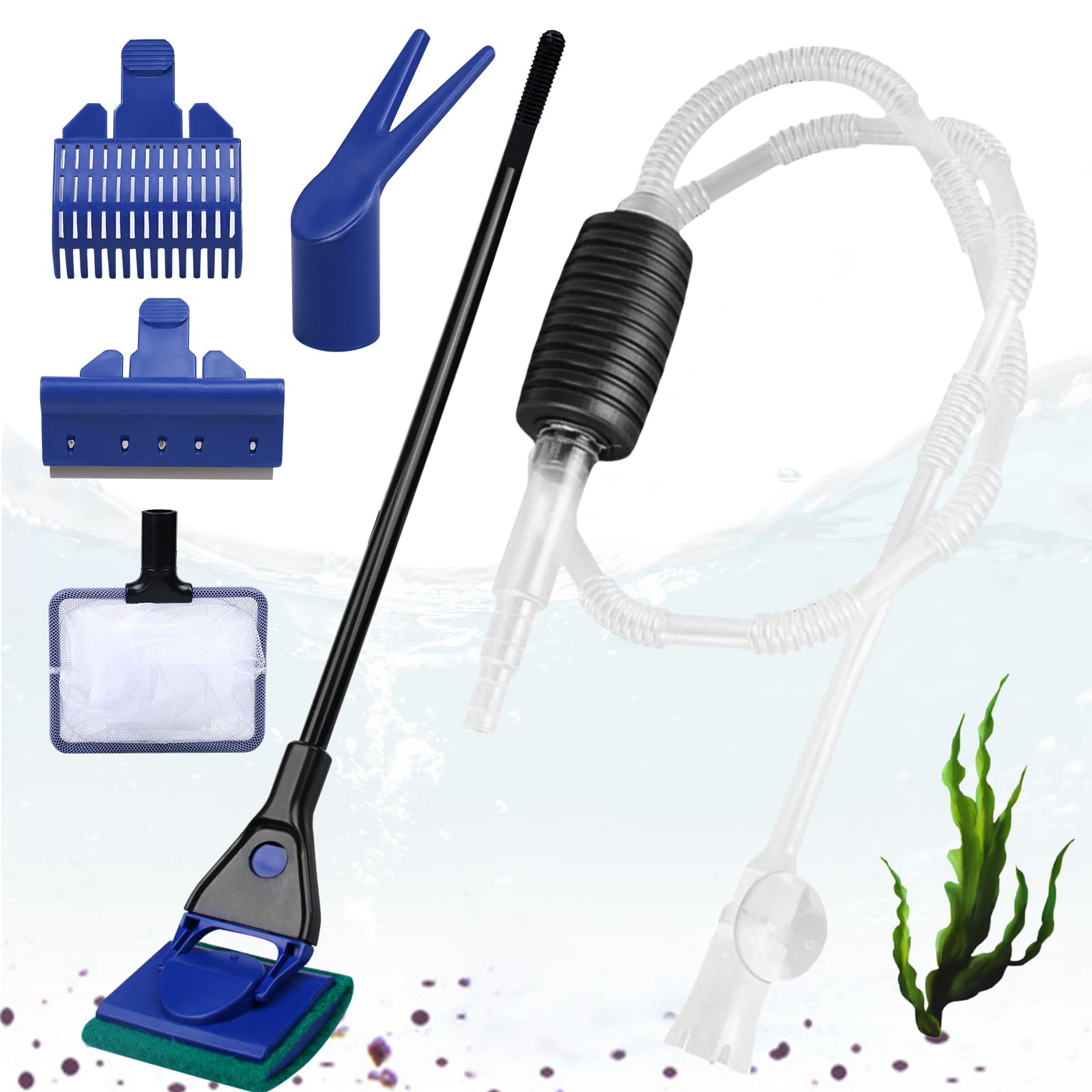 Set di pulizia 5 in 1 per acquario, edizione professionale con sifone a mano, set completo per cambio acqua, con raschietto per alghe, rastrello per ghiaia, rete per pesci e accessori | accessori per