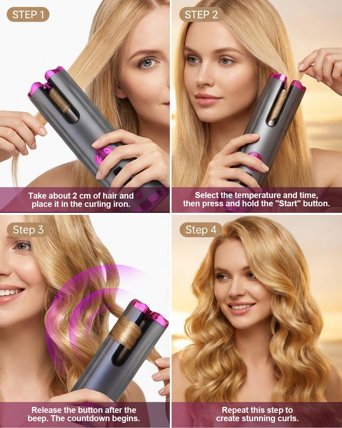 Fer a Boucler Cheveux Automatique Sans Fil Fer a Friser 5200mAh USB Rechargeable a Friser avec 6 Réglages de Température & Minuteur, Boucleur Anti-Brûlure Chauffage Rapide pour Cheveux Longs Courts