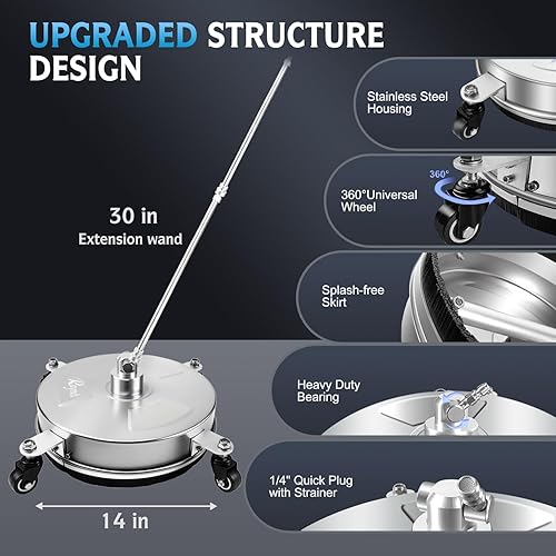 Miniatura 5 de RAYNEL Limpiador de superficies de lavadora a presión de 14 pulgadas con 4 ruedas, carcasa de acero inoxidable, conector rápido de 1/4 pulgadas, 2