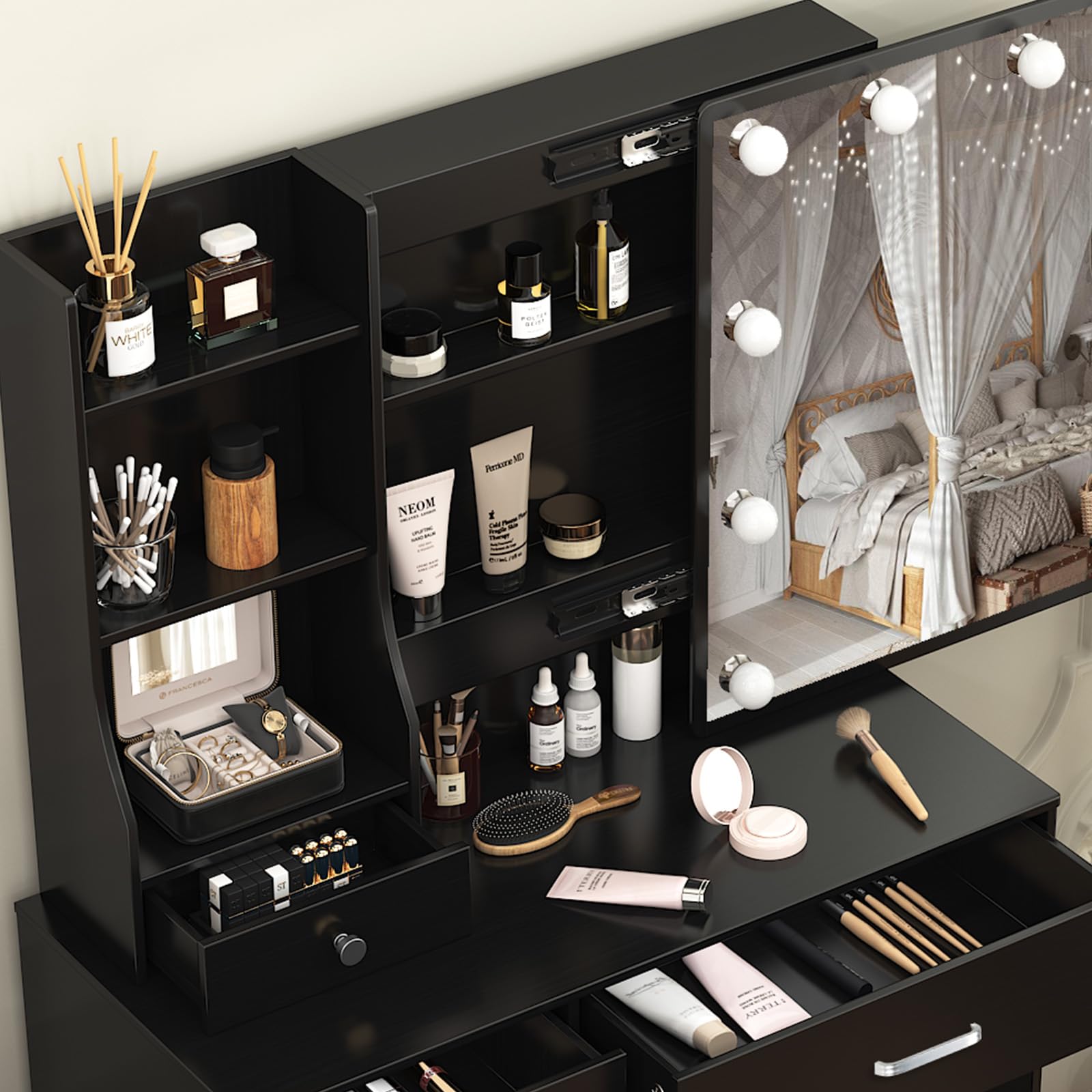 Modern kaptafel met spiegel en licht, witte make-uptafel met 4 opbergladen voor