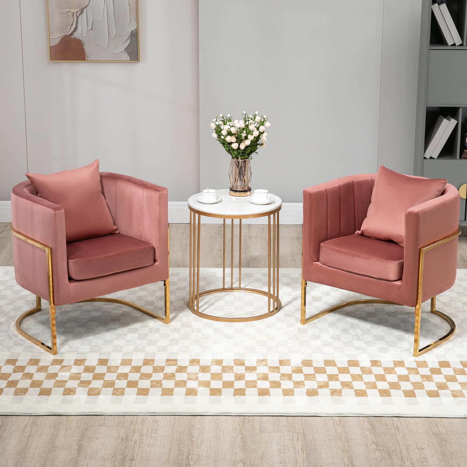 Newnno Velvet Modern Accent Chairs Set of 2, Upholstered Barrel Armchair Mid Century with Pillow for Living Room, Comfy Single Vanity Chair with Metal