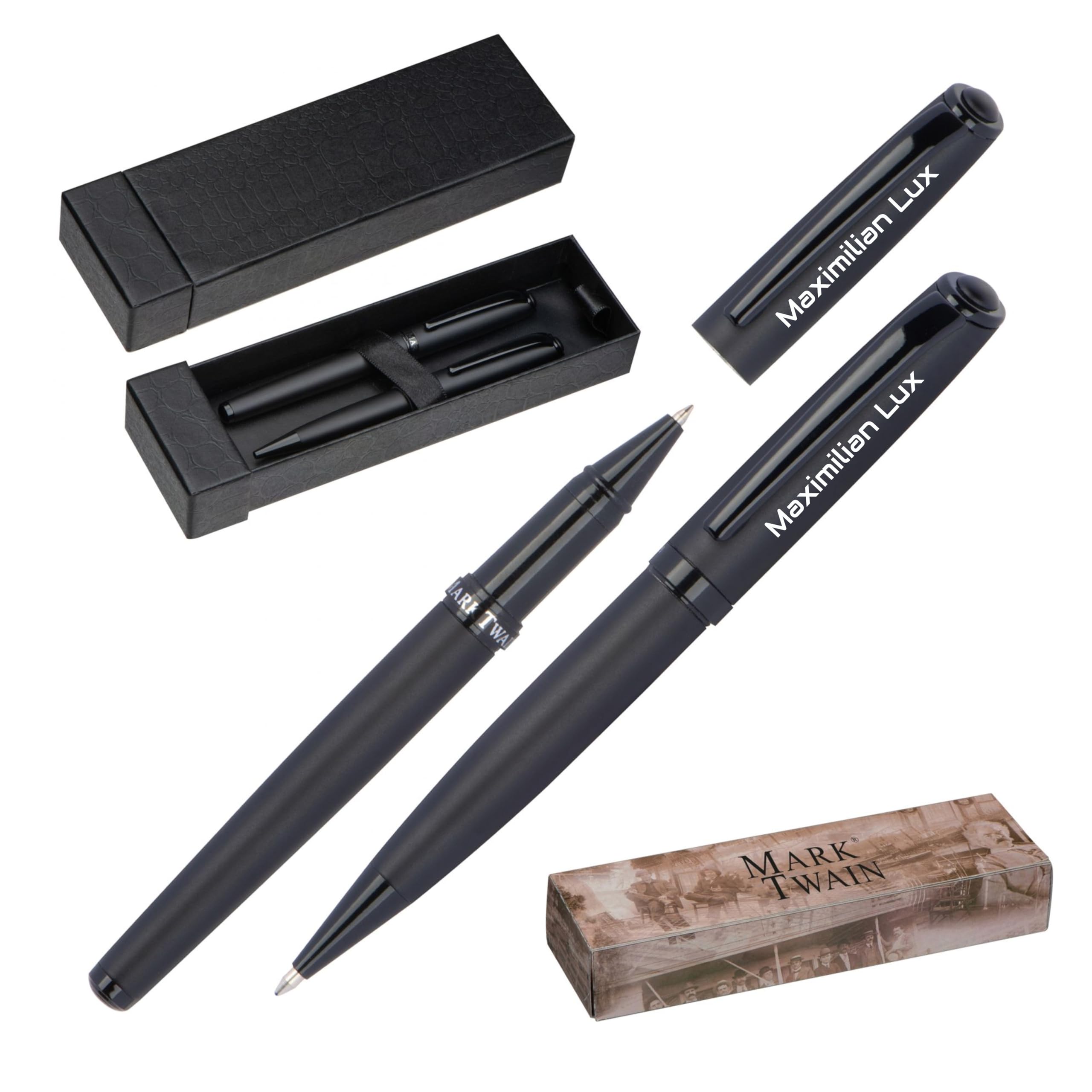 Mark® Twain Schreibset mit Box Kugelschreiber und Rollerball mit Gravur | Großraummine | einzigartige Stifte mit Namen |personalisierte Geschenke | Großraummine | Metall | mit Wunschgravur