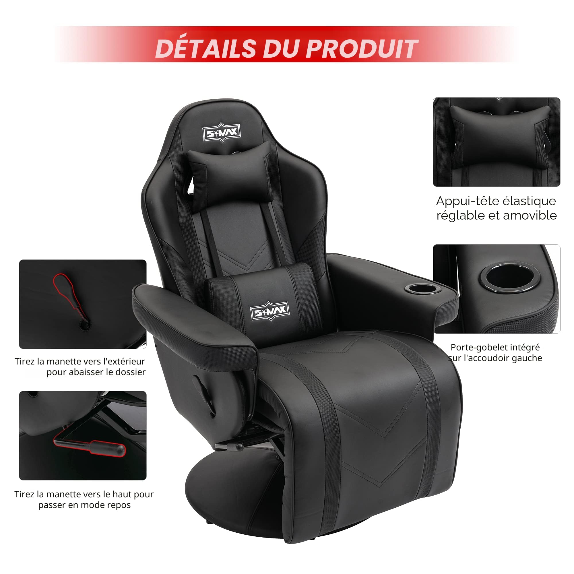 S*MAX Chaise Gaming avec Dossier Plus Haut et Support Lombaire Plus Large Chaise Gamer en Cuir PU avec Dossier et Repose-Pieds réglables Porte-gobelet Fauteuil Gaming Noir Large