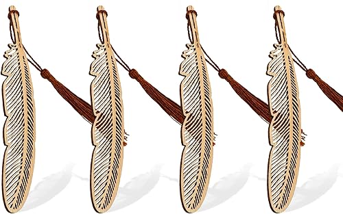Marcapáginas de bambú hecho a mano con borlas, marcadores de página de lectura de estilo vintage único, 4 piezas (estilo pluma)