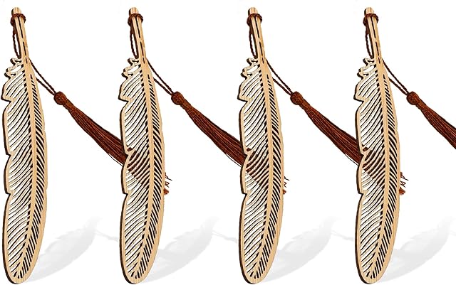 wocoxo Handmade Natural Bamboo Bookmarks with Tassels, Unique Vintage Style Reading Page Markers Bookmarks - 4Pcs (Feather Style)