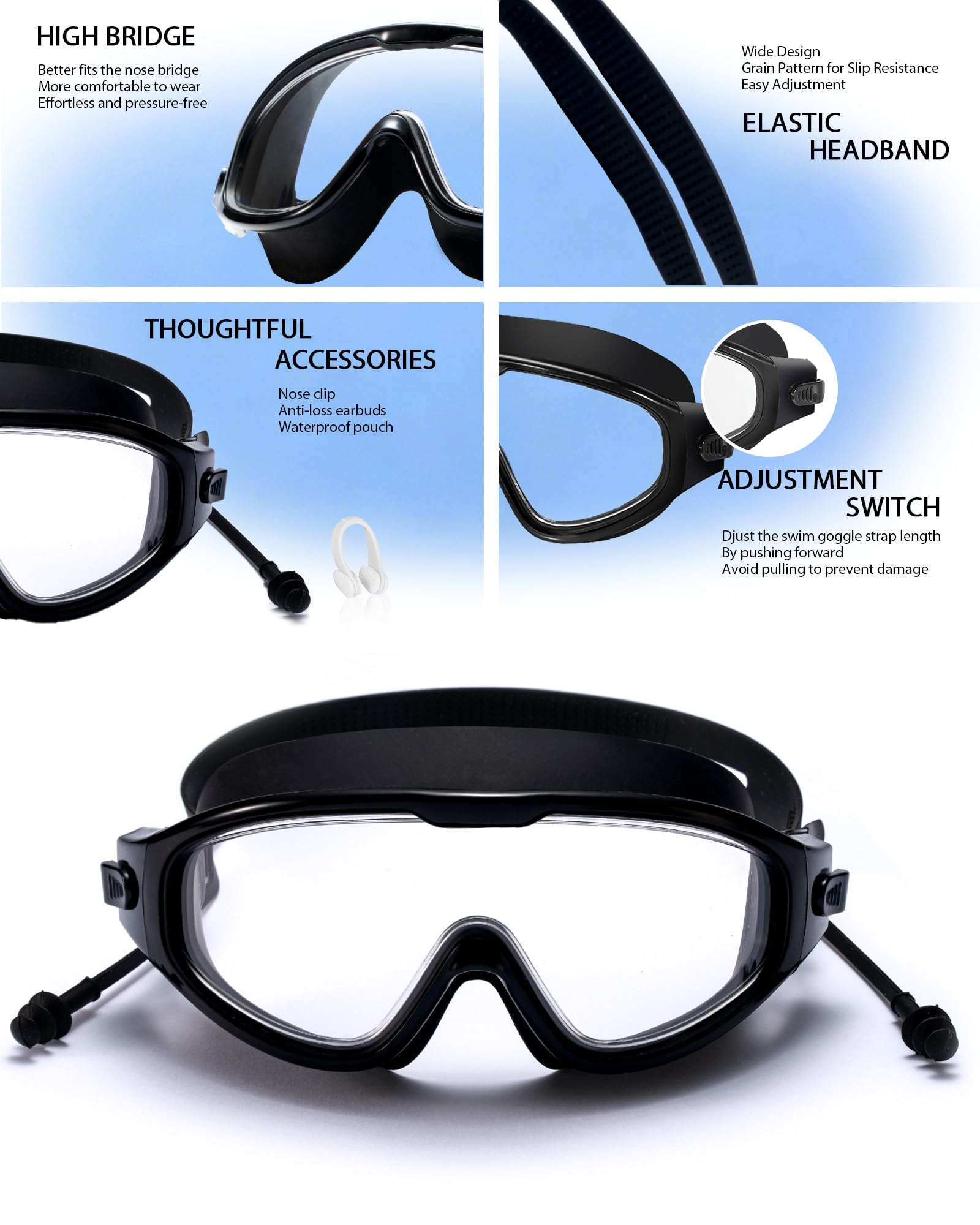 Gafas de natación, visión amplia, visión clara, gafas de natación para adultos, protección UV antivaho, sin fugas, gafas de piscina