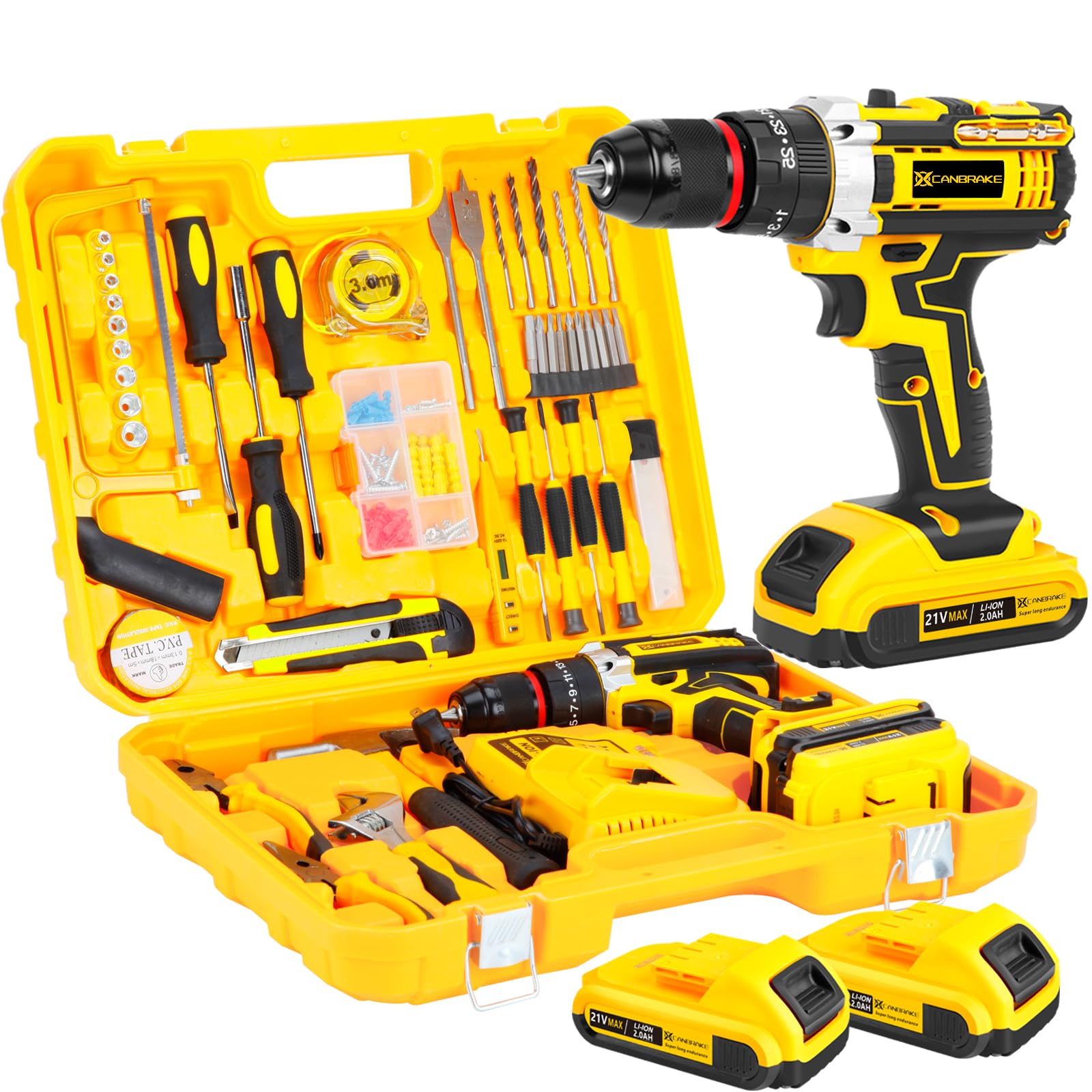 21V Tool Kit with Drill, 120PCS 21V Cordless Drill Set with 3/8" Keyless Chuck of Metal & 25+3 Clutch with Impact, 2 x 2.0Ah Battery & Fast Charger, Max Torque 45Nm, 2-Variable Speed