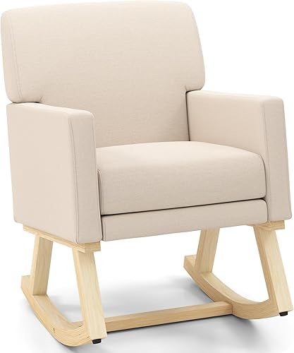 Miniatura 10 de Giantex Mecedora tapizada con asiento acolchado de tela y base de madera maciza, cómoda mecedora para sala de estar, dormitorio, sala de estudio,