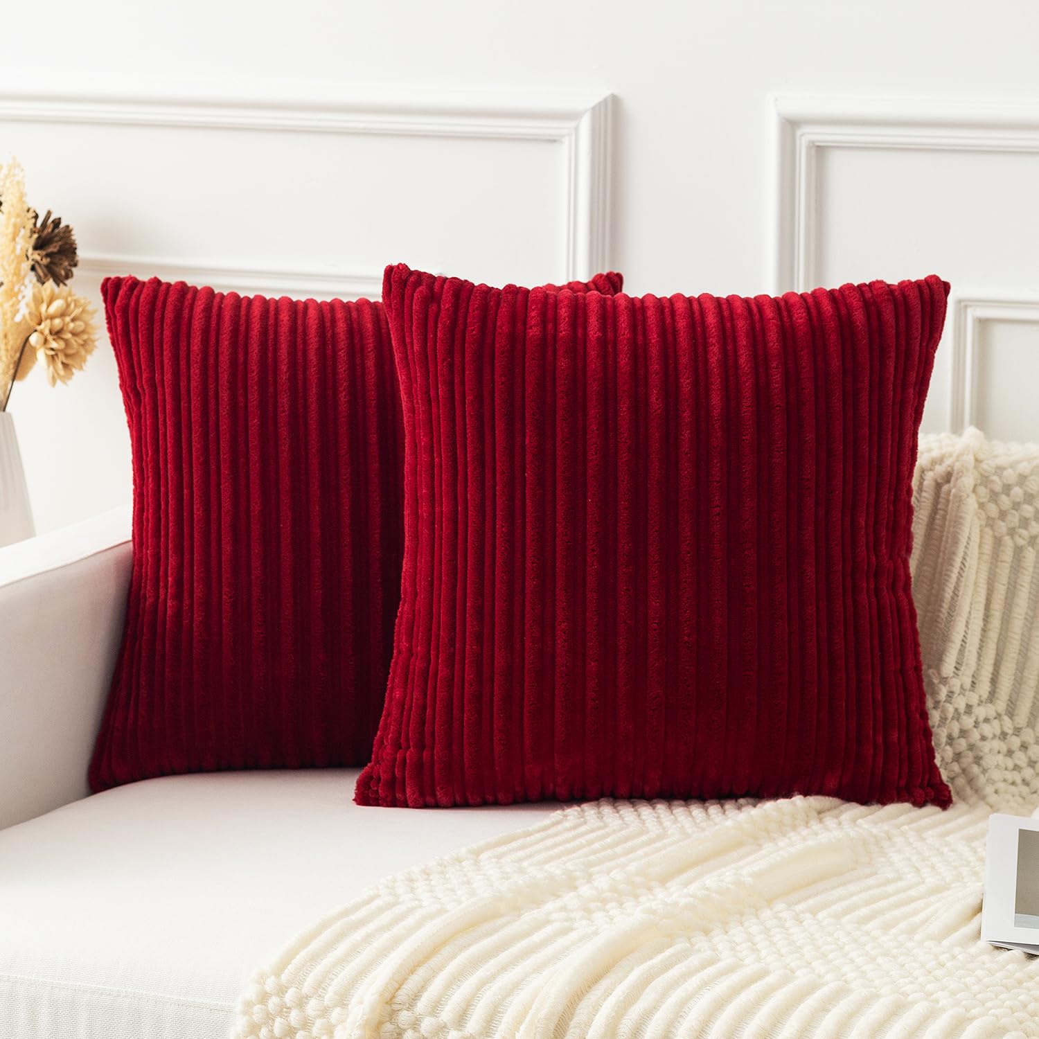 Kevin Textile Corduroy Cushion Covers 45 x 45 cm Set of 2, Soft Stripe Decorative Cushions Covers 18x18 Inch with Invisible Zipper for Chair Couch Sofa Bedroom, Burgundy — image 1