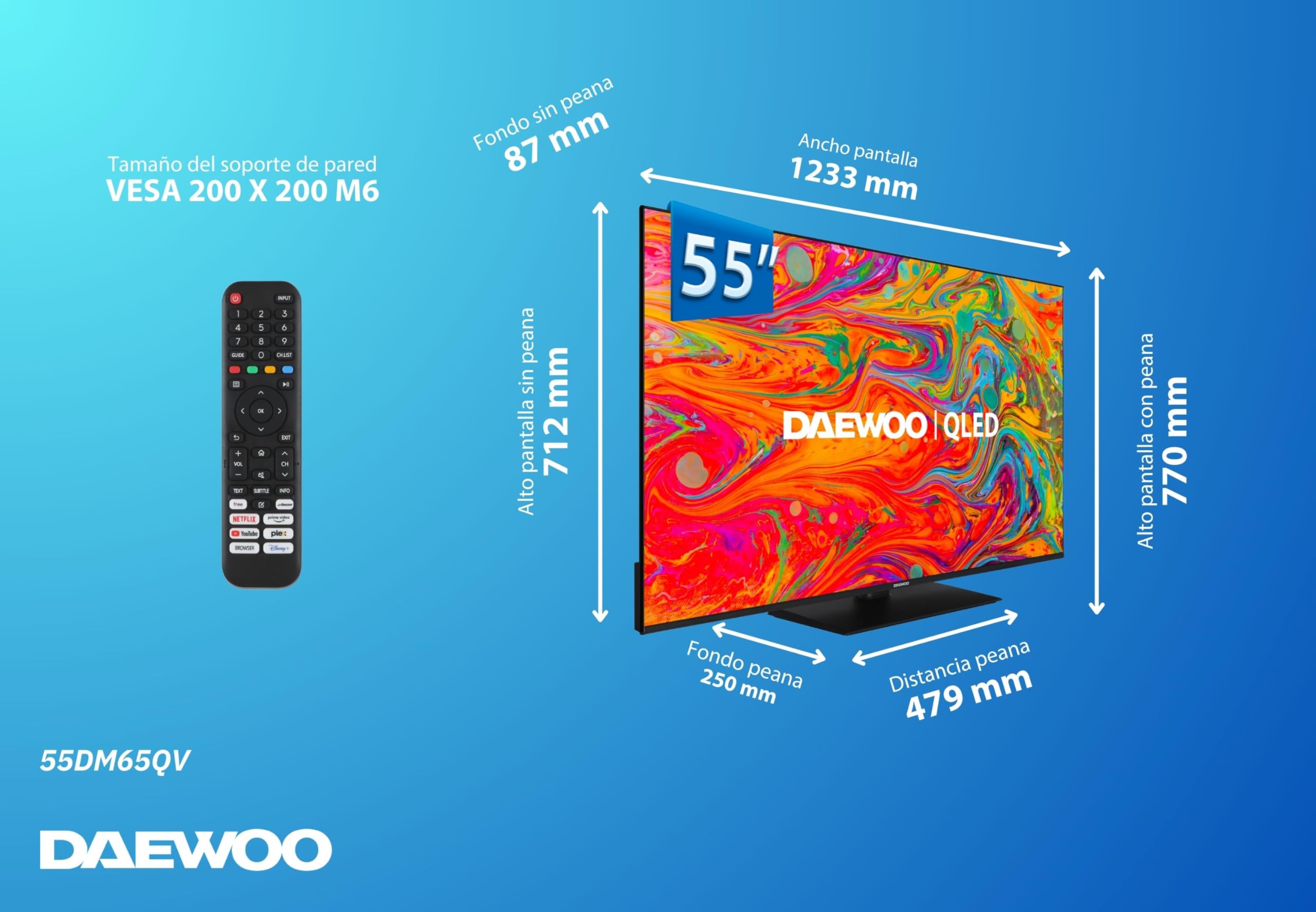 Daewoo 55DM65QV 2025 55" - QLED Smart TV 4K HDR 3840 x 2160, Dolby Vision, Dolby Audio, Peana Central, Diseño sin Marcos