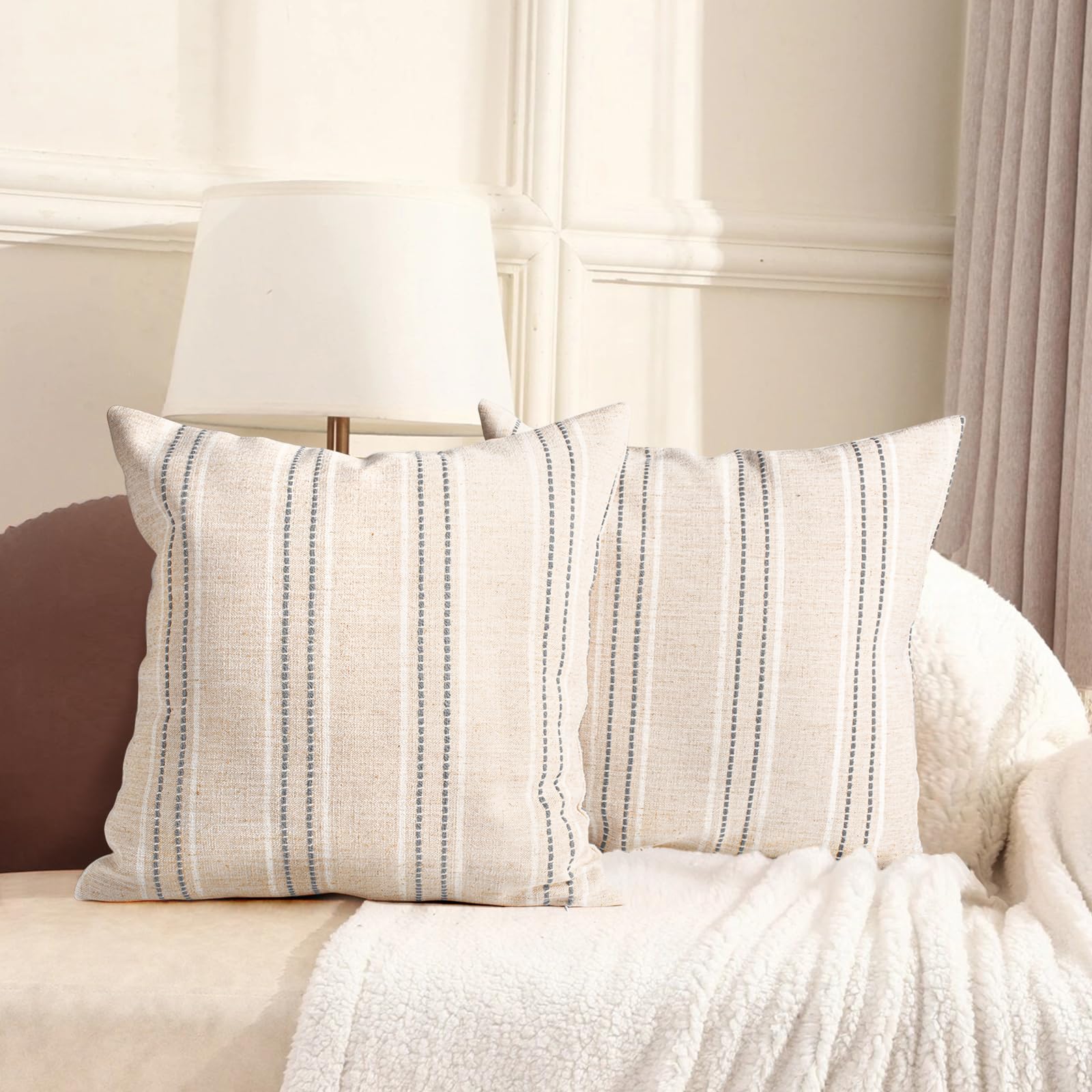 AELS 22x22 Decorative Farmhouse Linen Throw Pillow Covers, Boho Textured Pillow Case, Set of 2, Beige with White & Gray Stitch Yarn Dyed Stripe Cushion Cover for Sofa Couch Living Room (Cover ONLY)