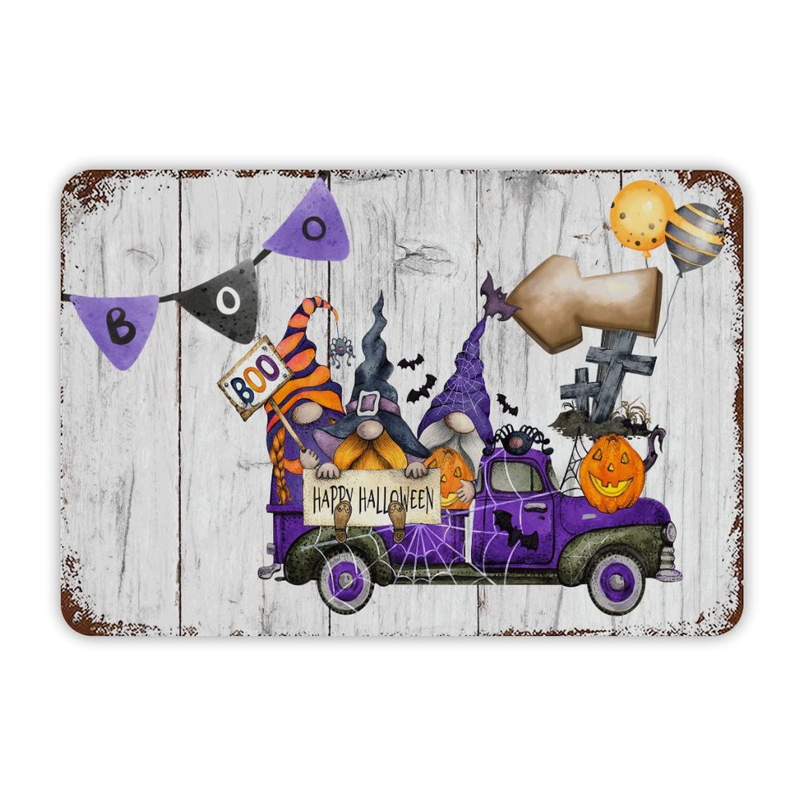 ENEDNATE Boo Halloween Gnome Truck Pumpkin Aluminum Tin Metal Sign for Indoor Outdoor Business Retail Store Patio Yard Home Decoration Easy to Mount Wall Art Print Poster 8x12 Inch