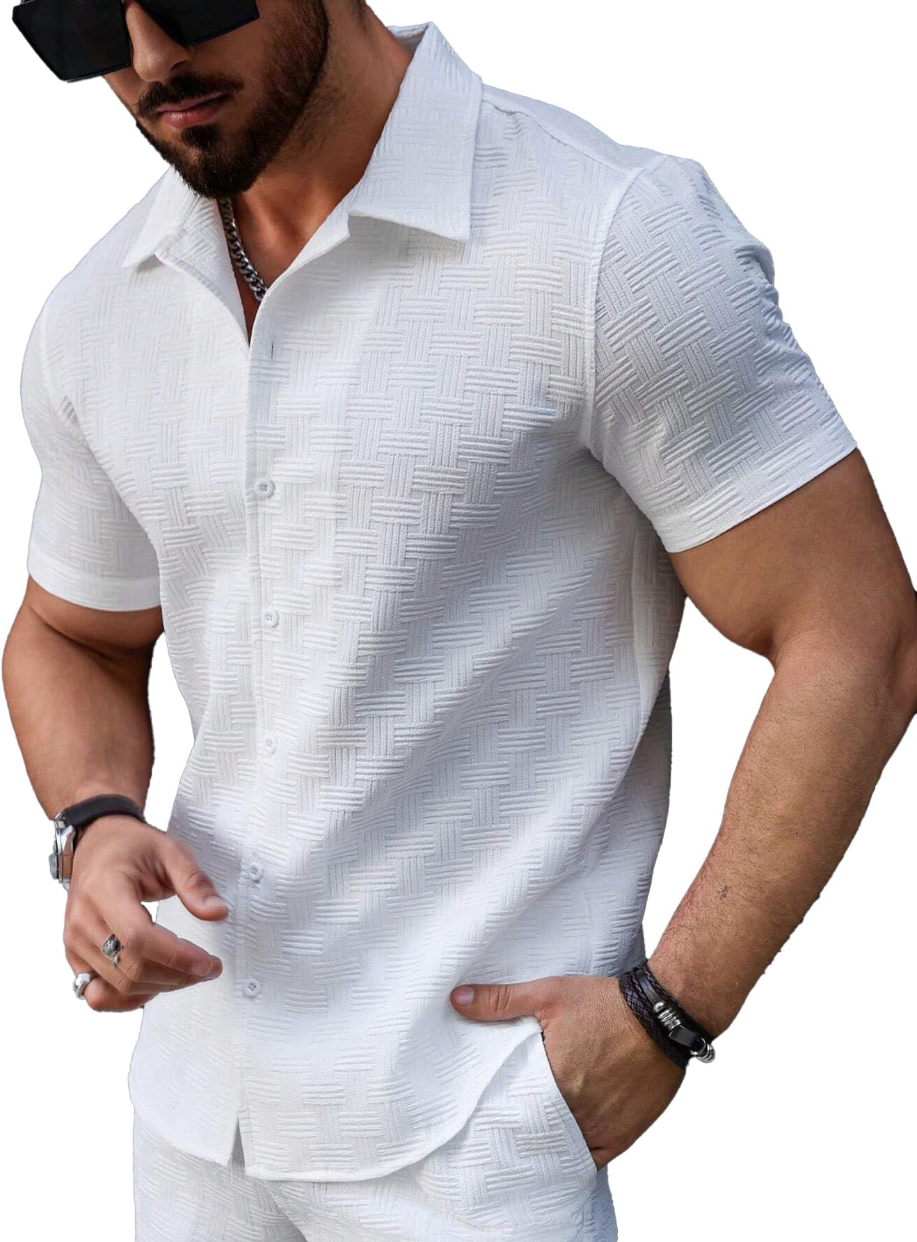SMOWKLY Men's Cotton Blend Waffle Knit Stylish Textured Lapel Collared Short Sleeve Plain Casual Slim Regular Rib-Shirt
