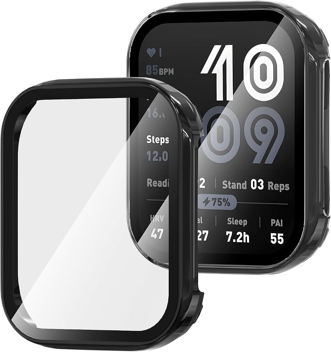 Suoman 2 Pack for Amazfit Bip 6 Case, 9H Tempered Glass Screen Protector, All-Coverage PC Protective Cover Smartwatch -Black+Clear