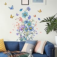 Vista 2 de Calcomanías de pared de mariposas y flores botánicas azules, calcomanías de pared de sacinora con plantas verdes, vinilo extraíble para despegar