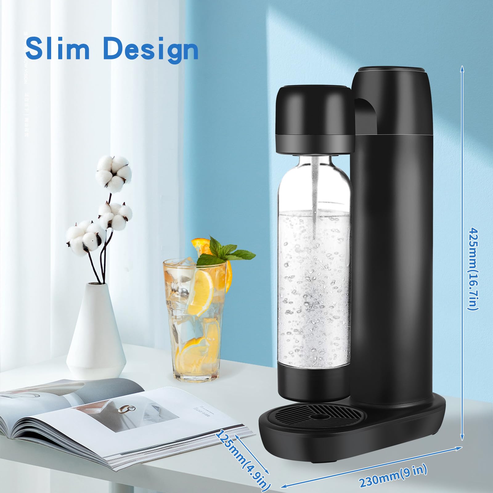 Gasatore Acqua Frizzante con Bottiglia PET Portatile da 1 L Senza BPA, Scarico Gas Automatico, Macchina per Acqua Soda Nera, Compatible con Bombole da 60 L (senza Cylindri)